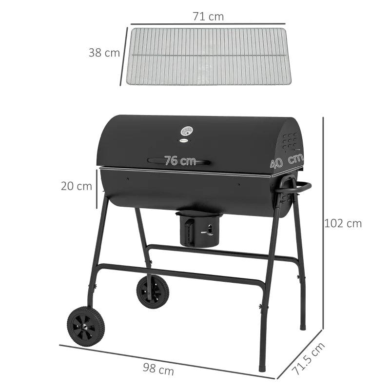 Outsunny Wheeled Barrel Charcoal Barbecue Grill Trolley - Outdoor BBQ with Rolling Wheels, Portable Design - Black - ALL4U RETAILER LTD