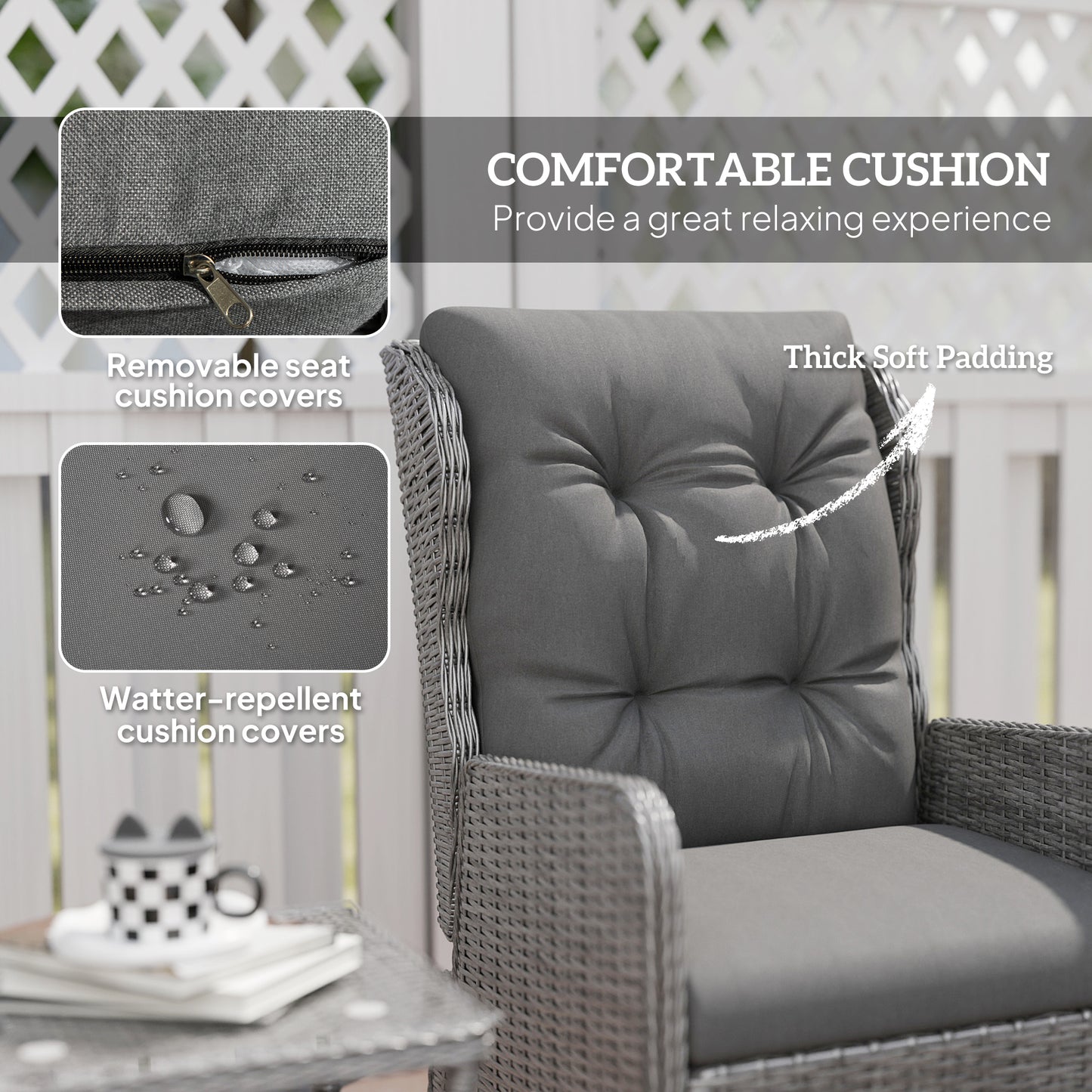 Outsunny 5 Piece Rattan Bistro Set Adjustable Back Reclining Wicker With Cushions Glass Top Table Light Grey