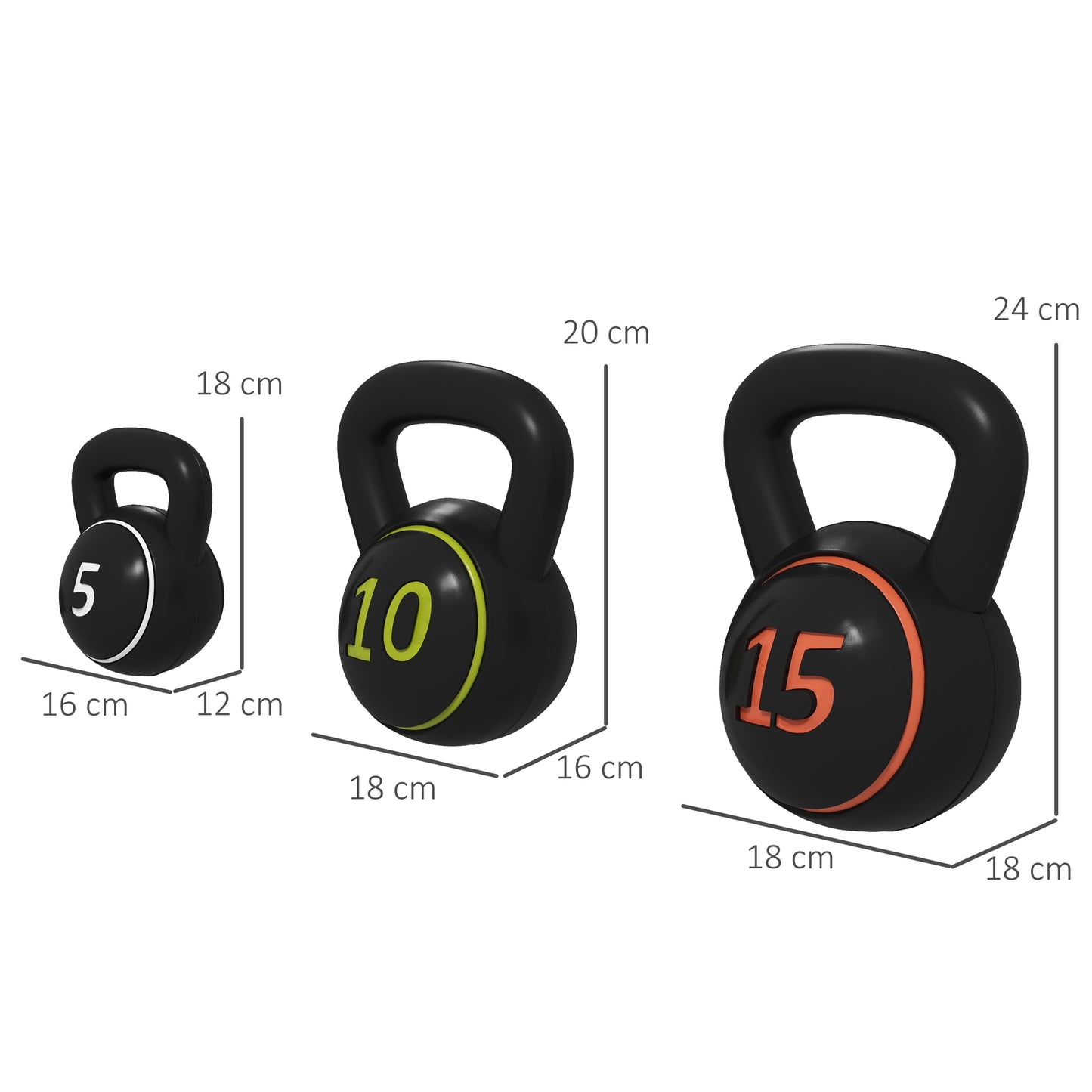 SPORTNOW 3-Piece Kettlebell Weight Set with Storage Tray for Home Workouts - Includes 5lbs, 10lbs, and 15lbs - ALL4U RETAILER LTD