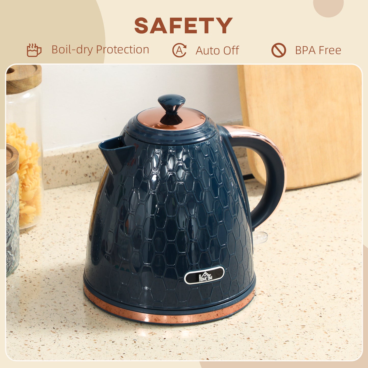 HOMCOM 3000W Rapid Boil Kettle With Honeycomb Design Dark Blue Auto Shut Off Boil Dry Protection For Tea And Coffee