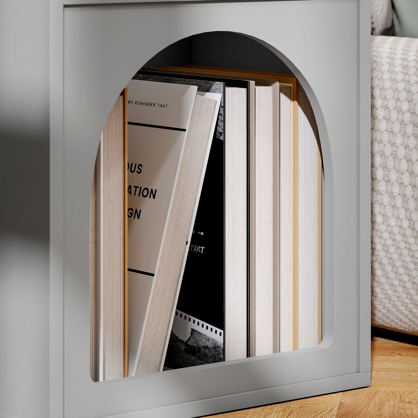 HOMCOM Bedside Table With Two Open Compartments Grey Arch Design End Table For Small Spaces