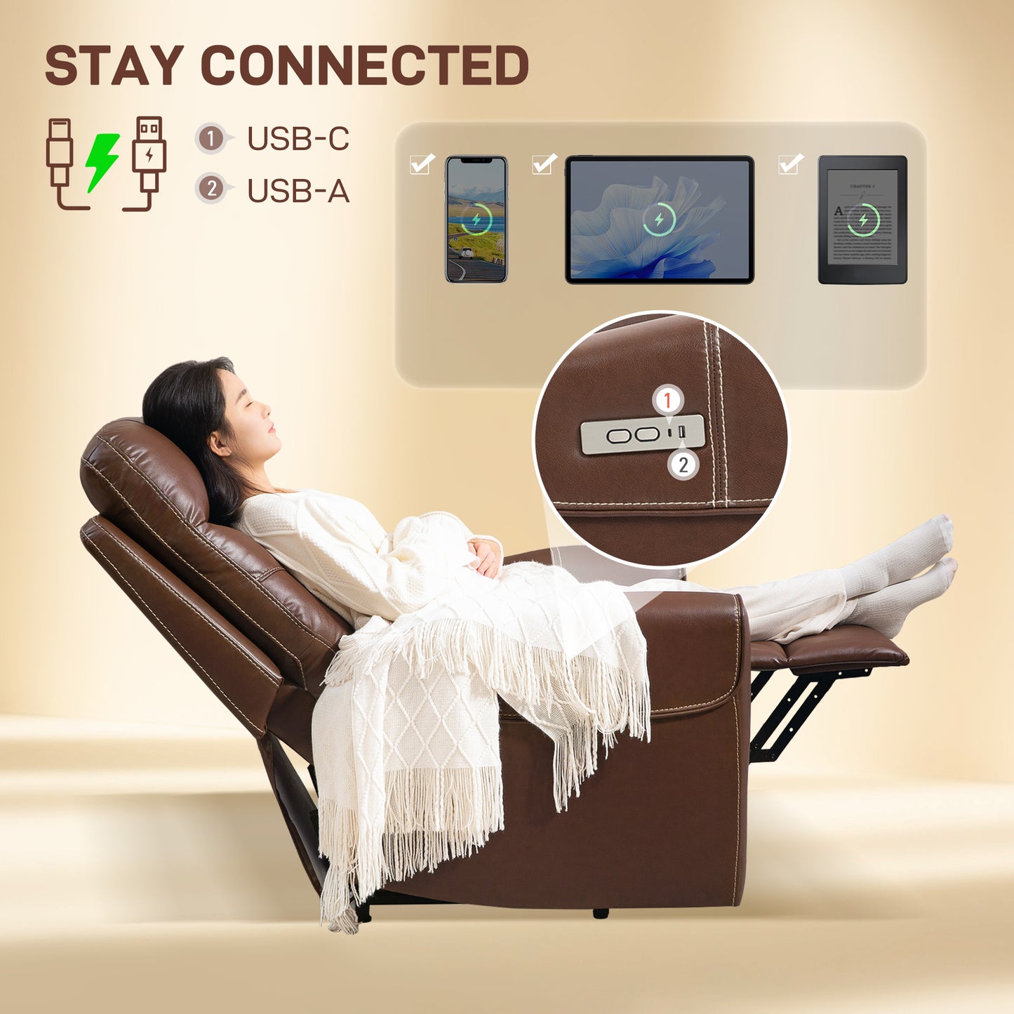 HOMCOM Power Lift Recliner Chair With USB A And C Ports, Overstuffed Faux Leather Riser For Living Room Brown
