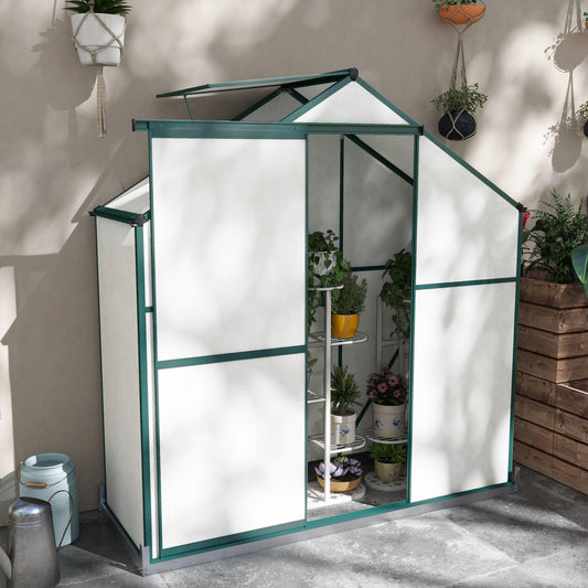 Outsunny 6 x 2.5ft Polycarbonate Greenhouse Walk-In Green House with Rain Gutter, Sliding Door, Window, Foundation, Green - ALL4U RETAILER LTD