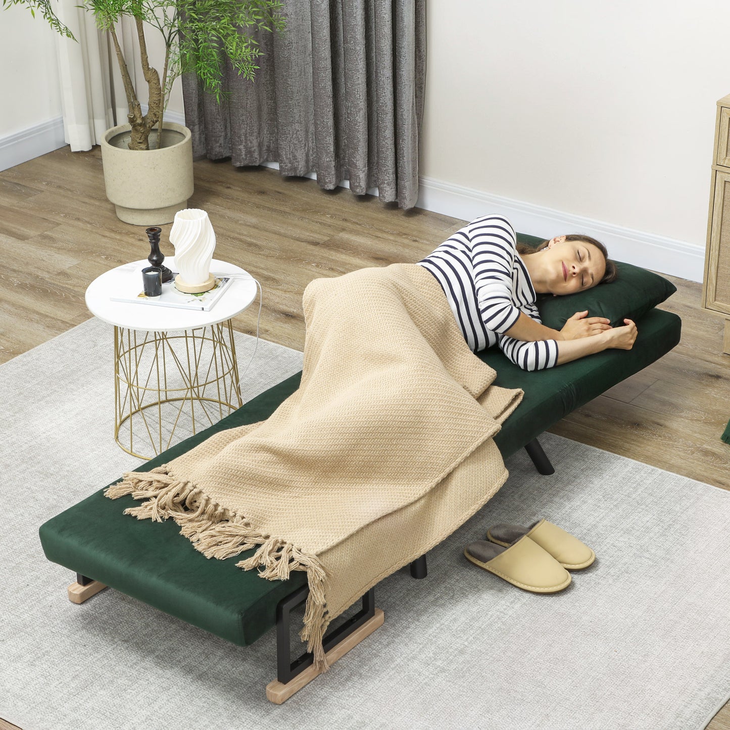 HOMCOM 4-In-1 Velvet-Feel Single Chair Bed With Pillow Green Portable Folding Sofa Bed