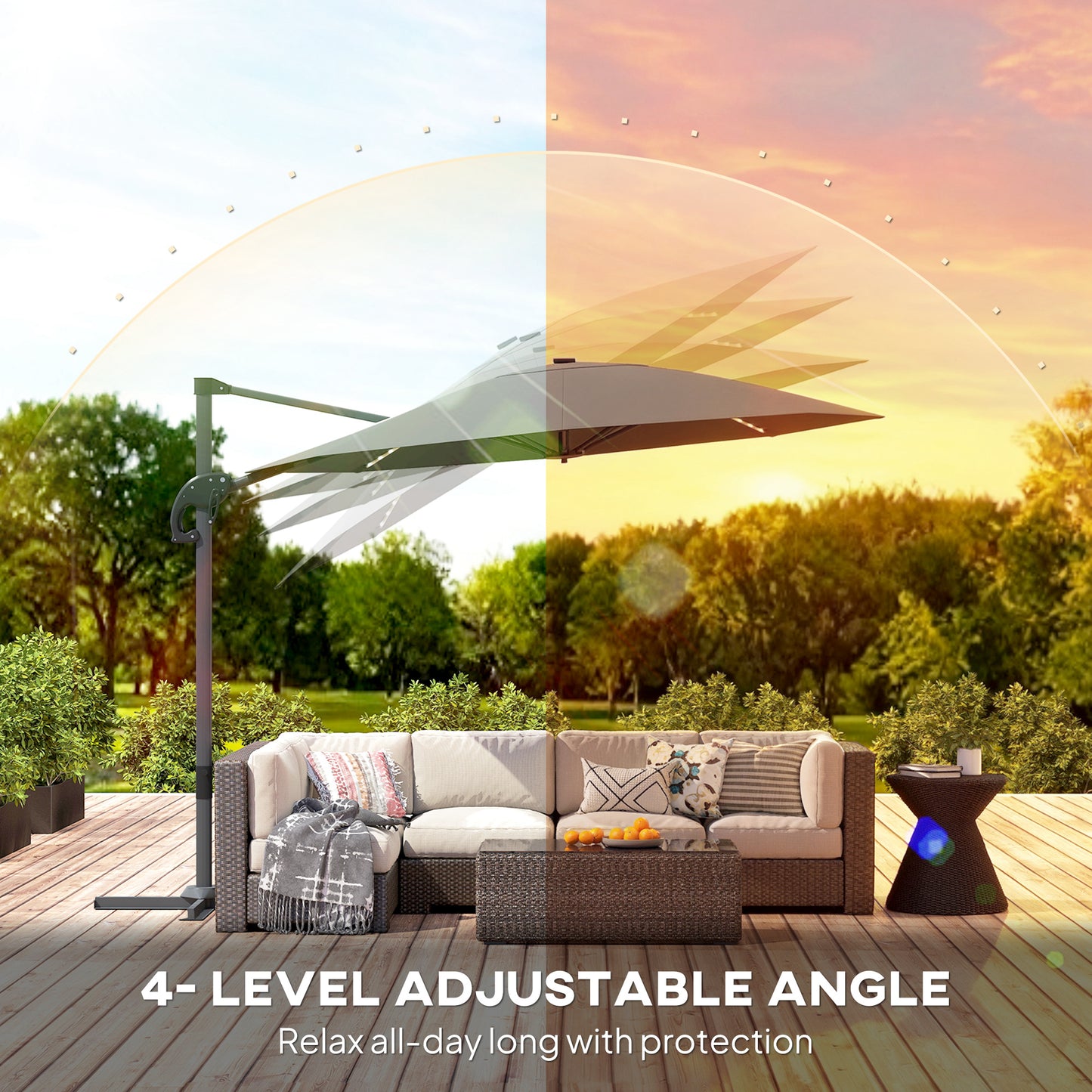Outsunny 3m Cantilever Garden Parasol With Solar Powered Lights Cross Base UPF 50 360 Degree Rotation Dark Grey