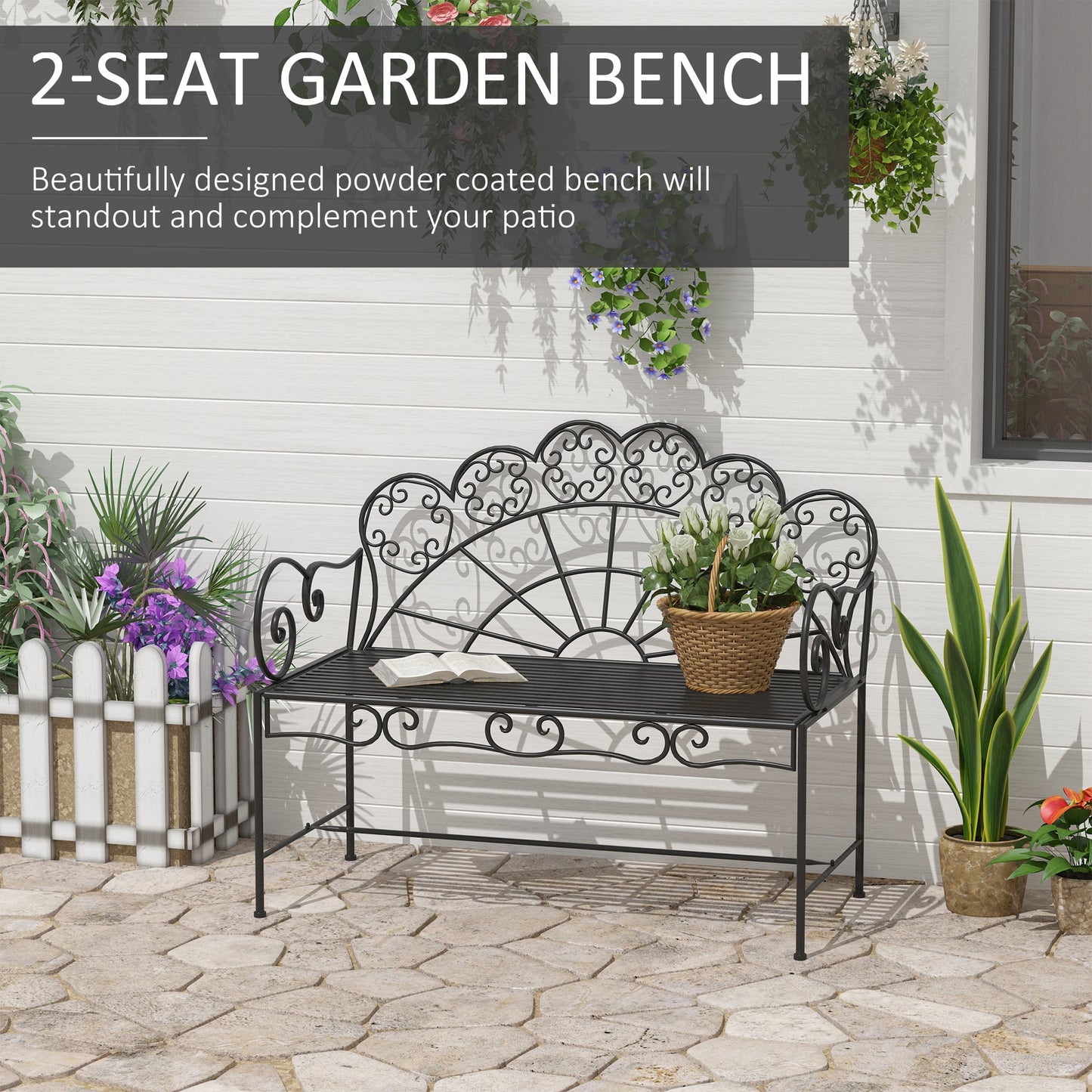 Outsunny Metal Garden Bench Loveseat With Slatted Seat Black Outdoor Patio Furniture Durable Weatherproof