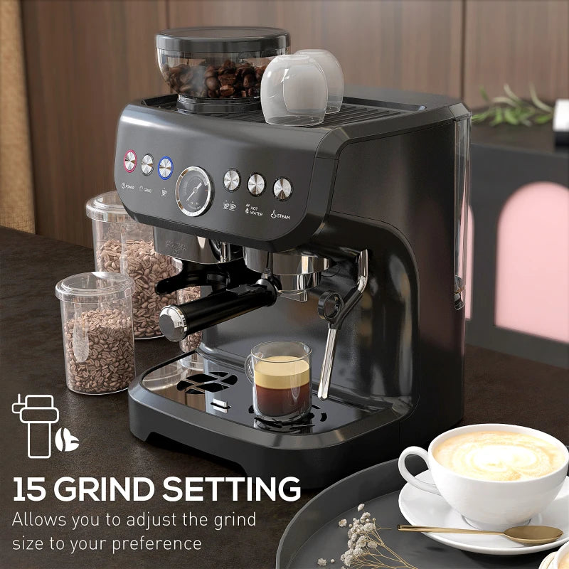 HOMCOM 15 Bar Espresso Coffee Machine with Adjustable Grinder, Steamer, and Accessories - ALL4U RETAILER LTD