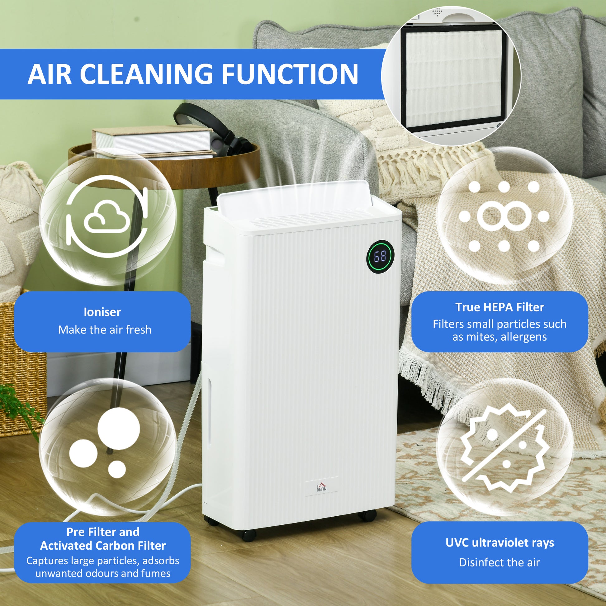 HOMCOM 16L/Day Dehumidifier and Air Purifier with UVC, Ioniser, 5 Modes, 24-Hour Timer, Portable Design for Home and Laundry, White - ALL4U RETAILER LTD