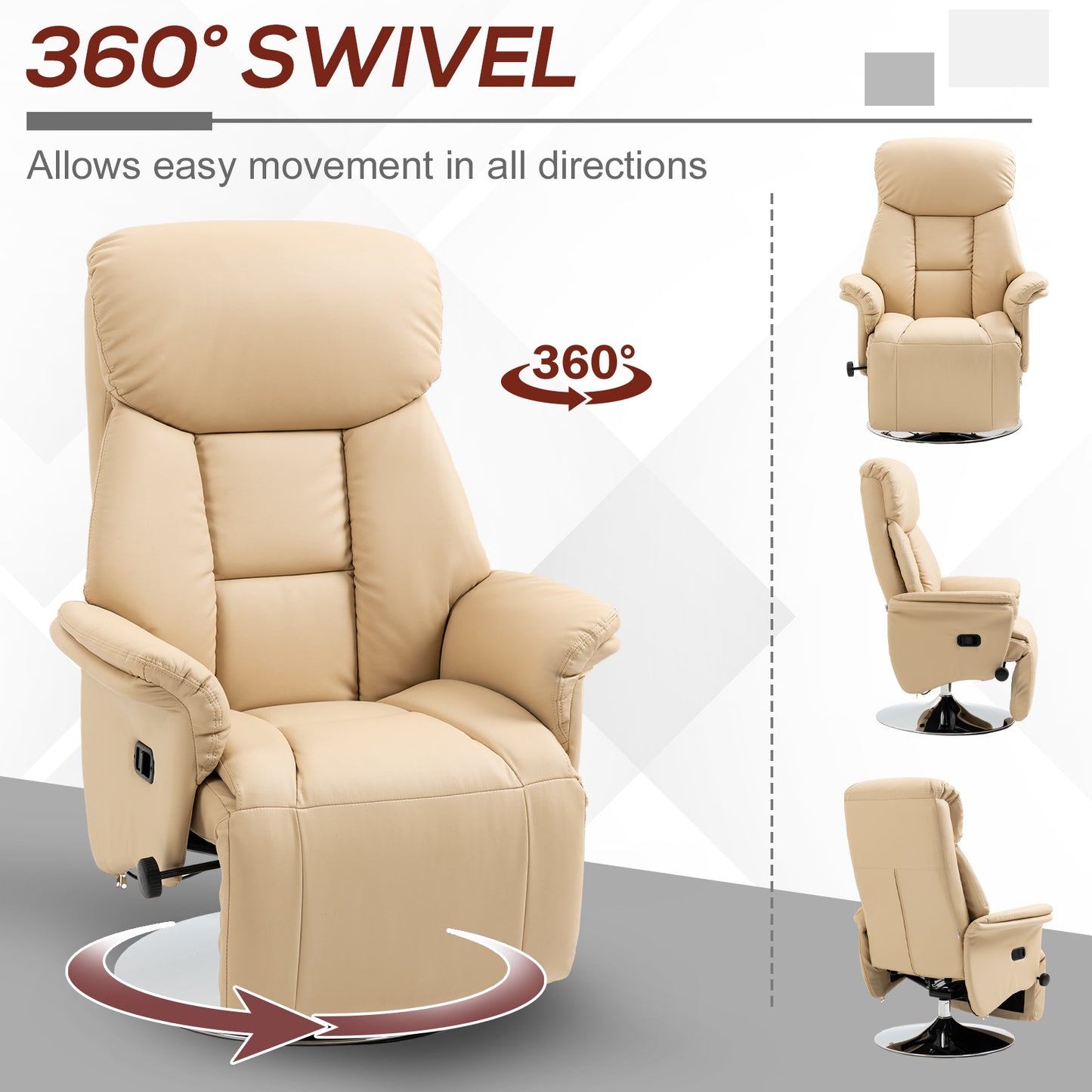 HOMCOM Manual Adjustable Swivel Recliner Chair With Footrest Padded Arms PU Leather Upholstery Beige