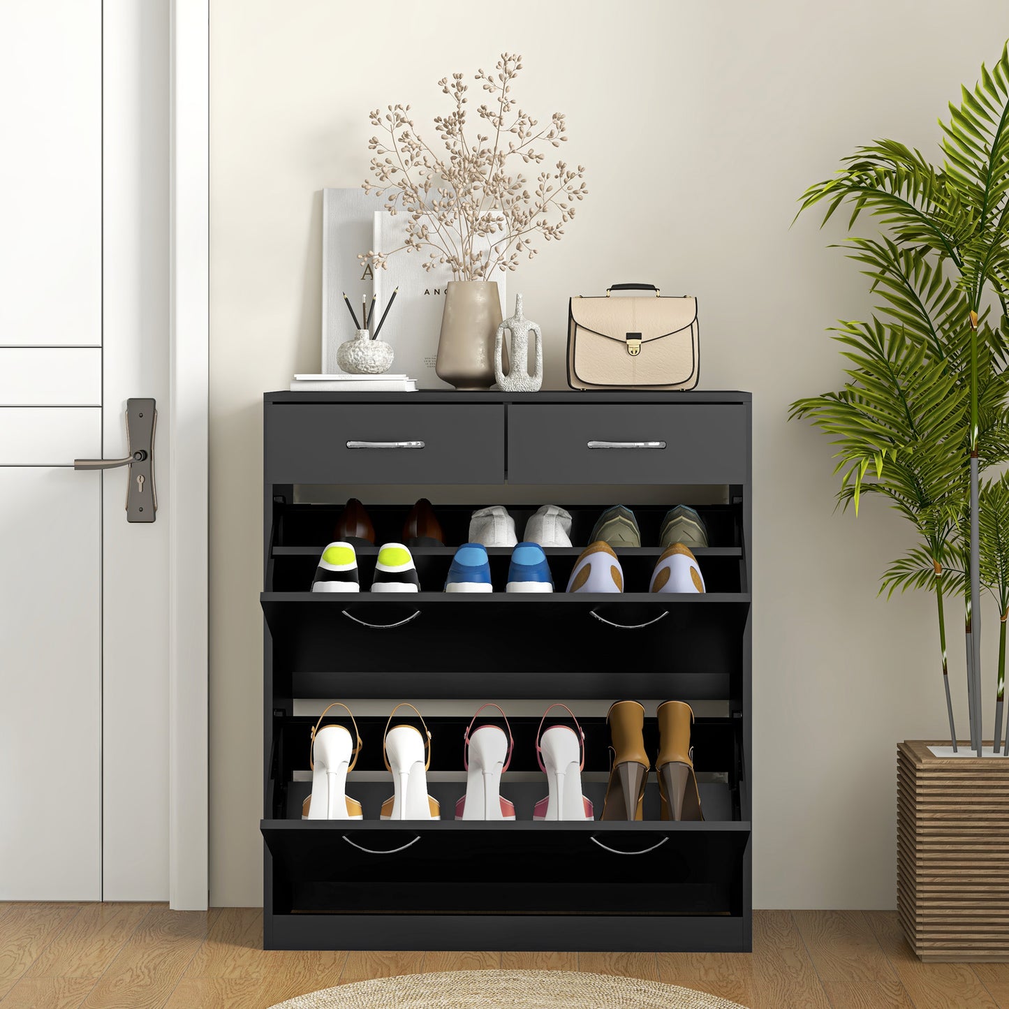 HOMCOM Narrow Shoe Storage Cabinet With 2 Flip Drawers And Adjustable Shelves Holds 12 Pairs Shoes Black