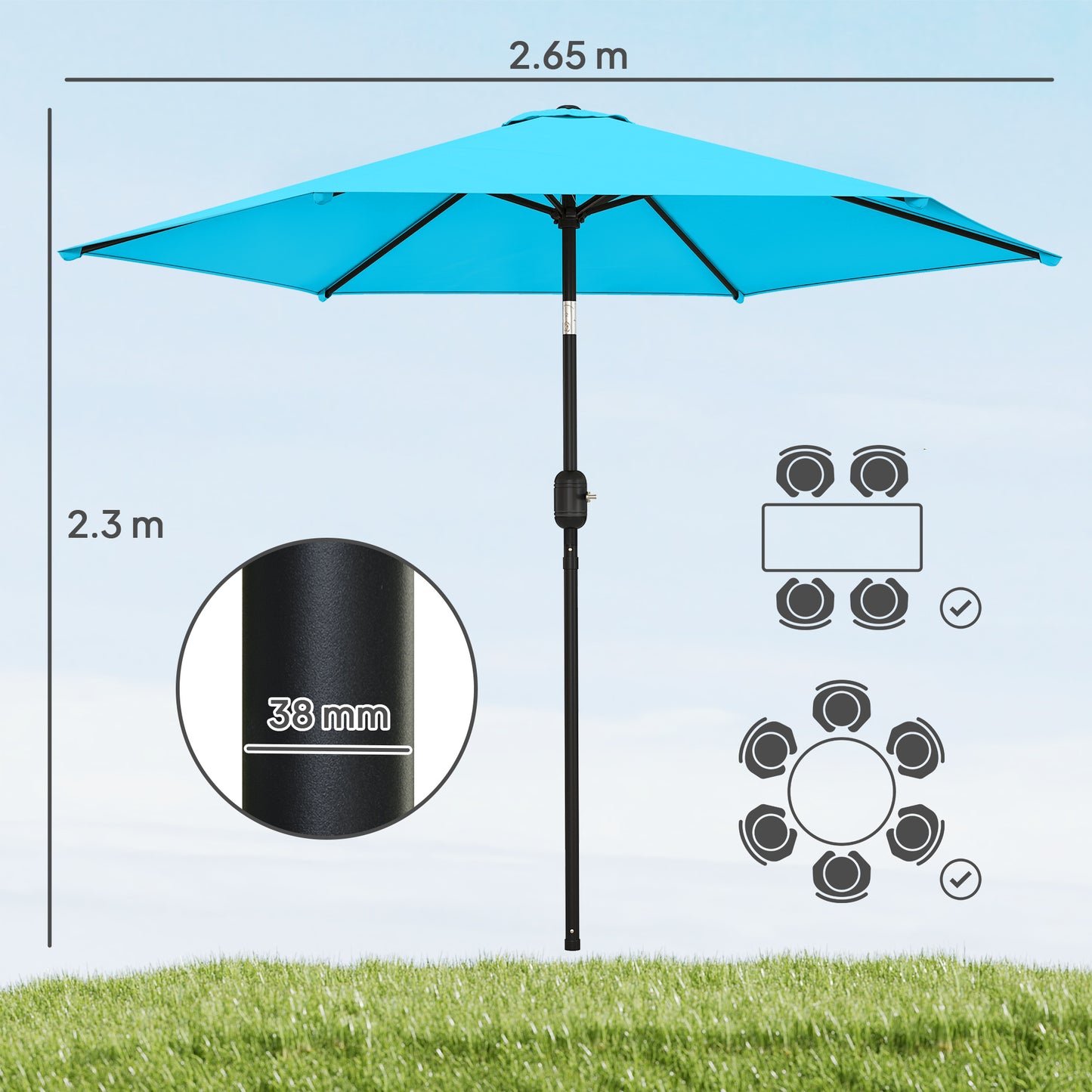 Outsunny 2.6 m Garden Parasol Umbrella With Aluminium Pole Outdoor Patio Umbrella With Tilt And Crank Vent Blue