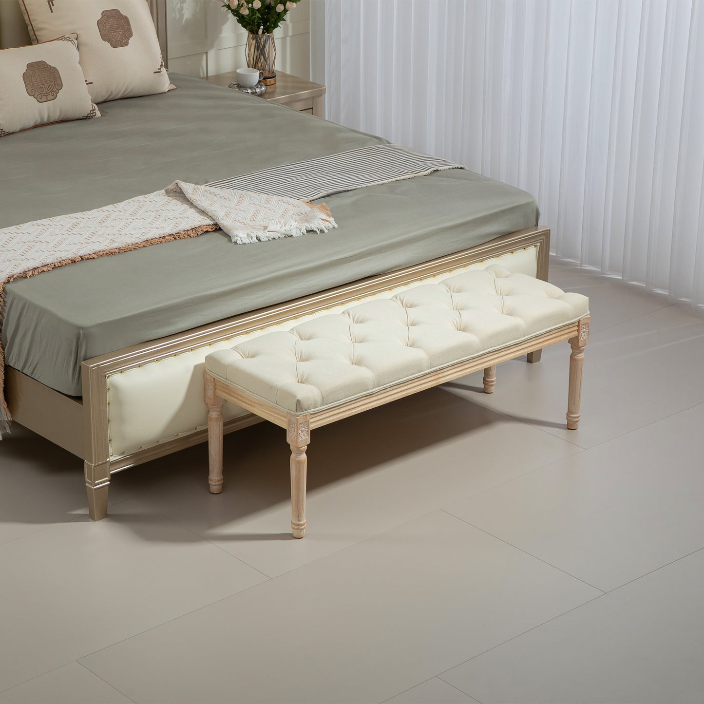 HOMCOM Vintage Wooden Bed End Bench Cream White With Button Tufted Top And Distressed Wood Frame