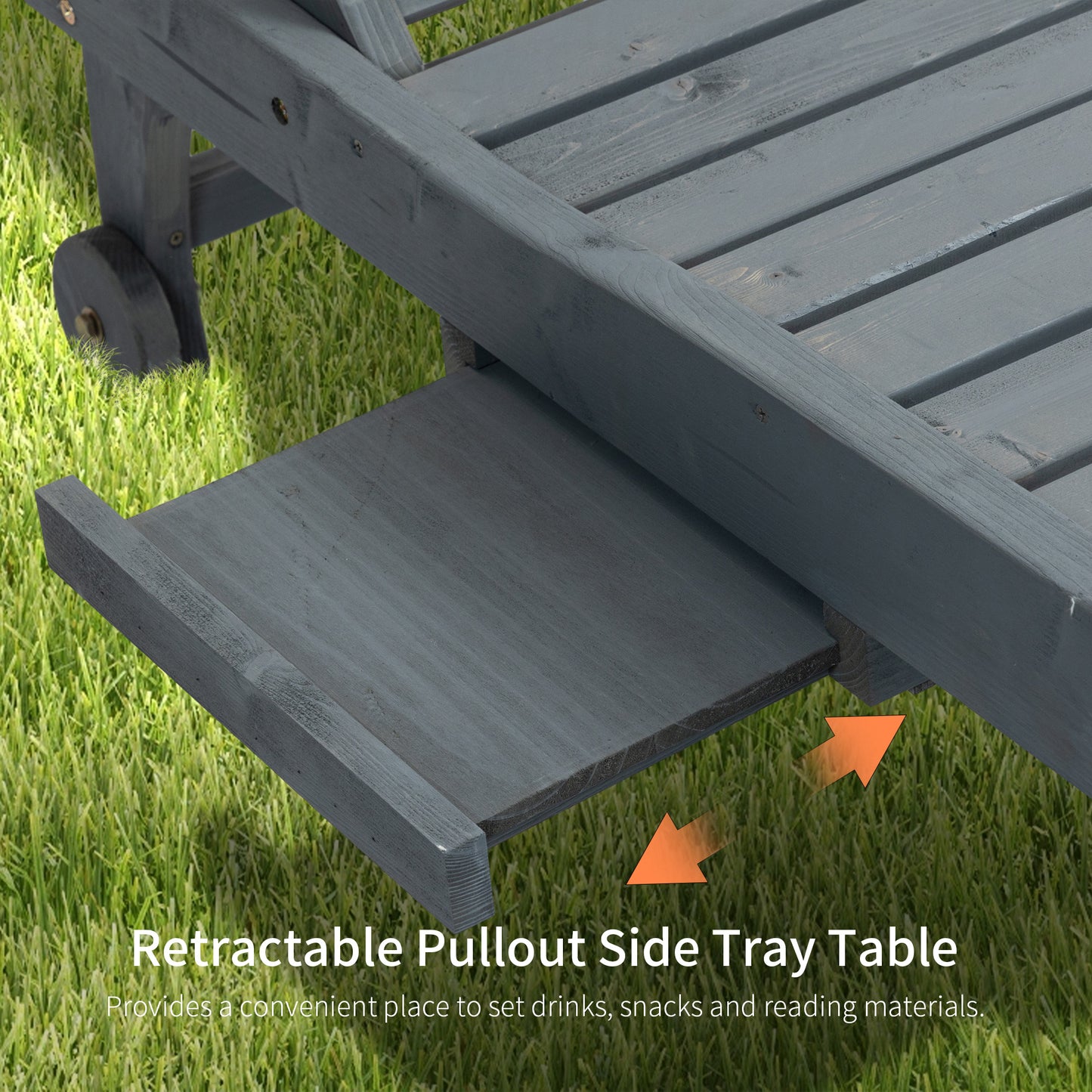 Outsunny Wooden Garden Sun Lounger With Built In Table Rolling Wheels Reclining Backrest And Side Tray Grey