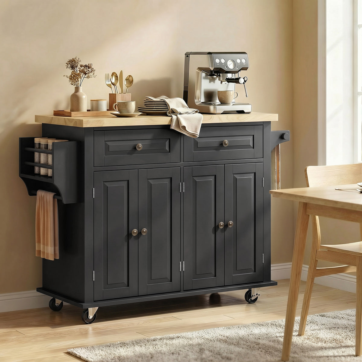Black rolling kitchen island cart with rubberwood top, drawers, and cabinet doors on wheels