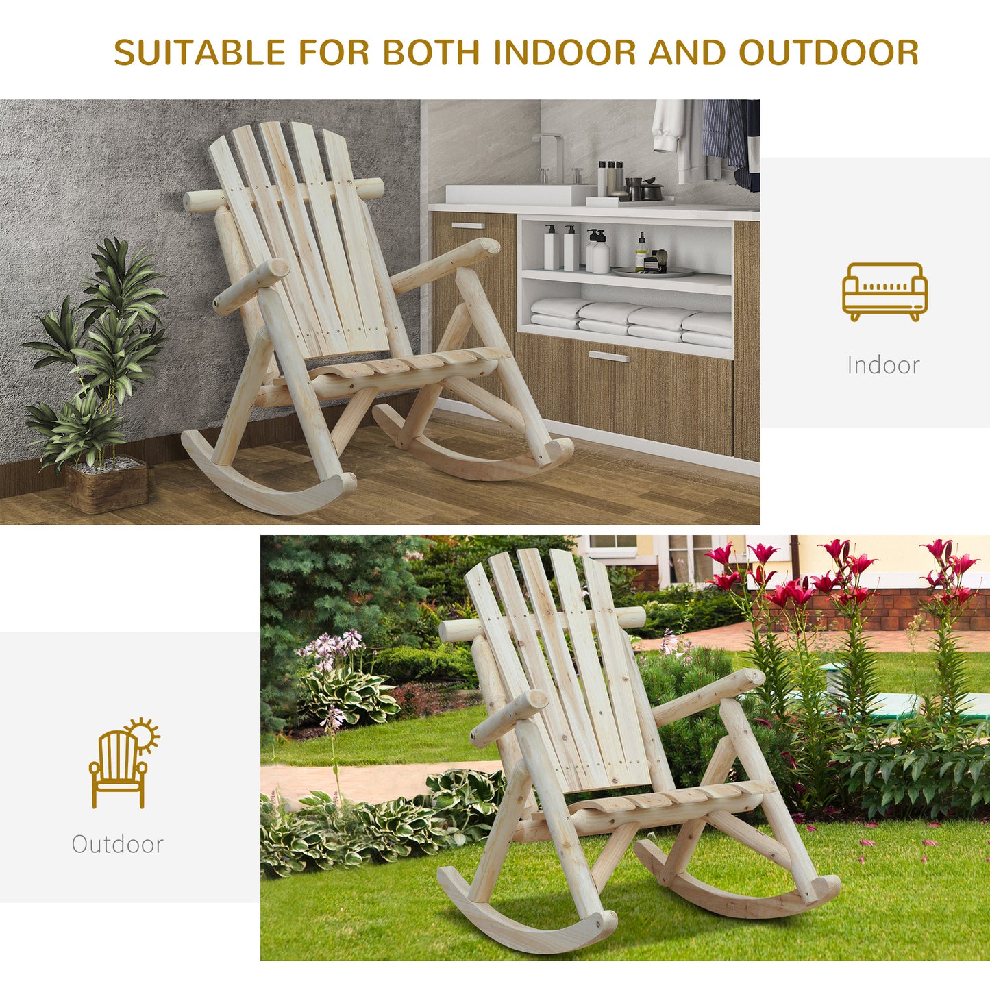 Outsunny 2 Piece Wooden Adirondack Rocking Chair Set For Porch And Garden Ergonomic Comfort Burlywood Finish