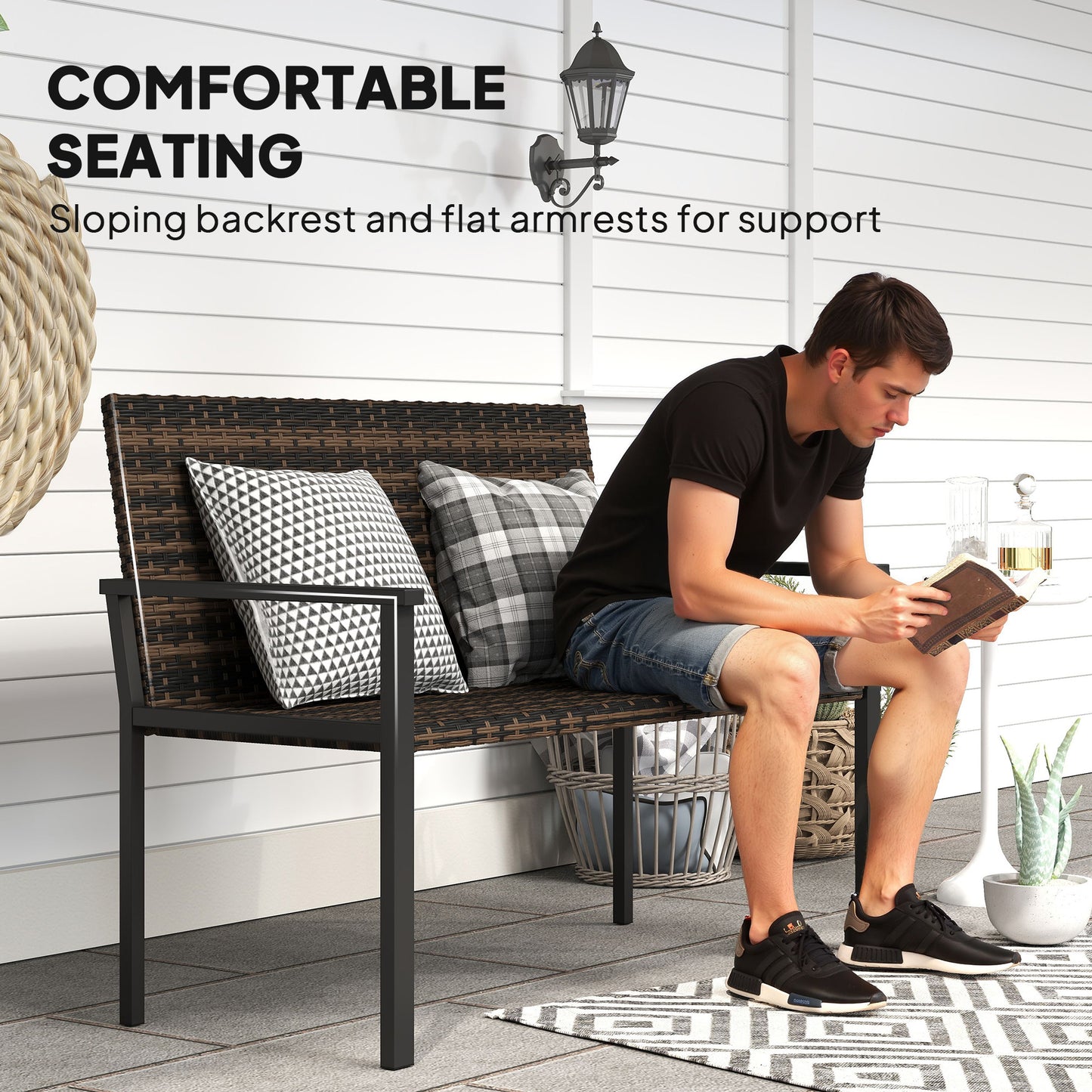 Outsunny Two Seater Rattan Garden Bench With Quick Drying Padding And Armrests Steel Frame Patio Loveseat Mixed Brown