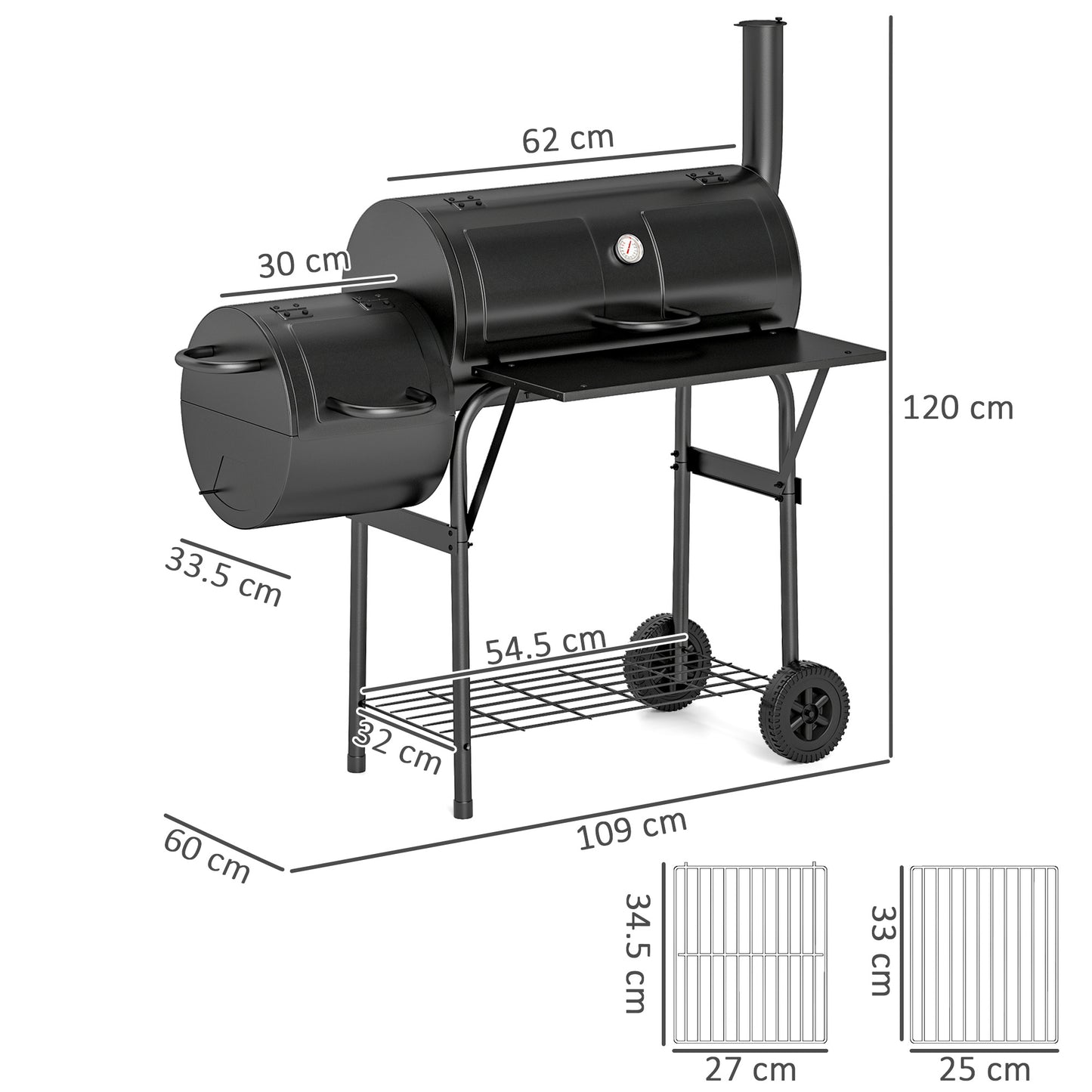 Outsunny Portable Charcoal Barbecue Grill With Offset Smoker 109 By 60 By 120 Cm Black Outdoor