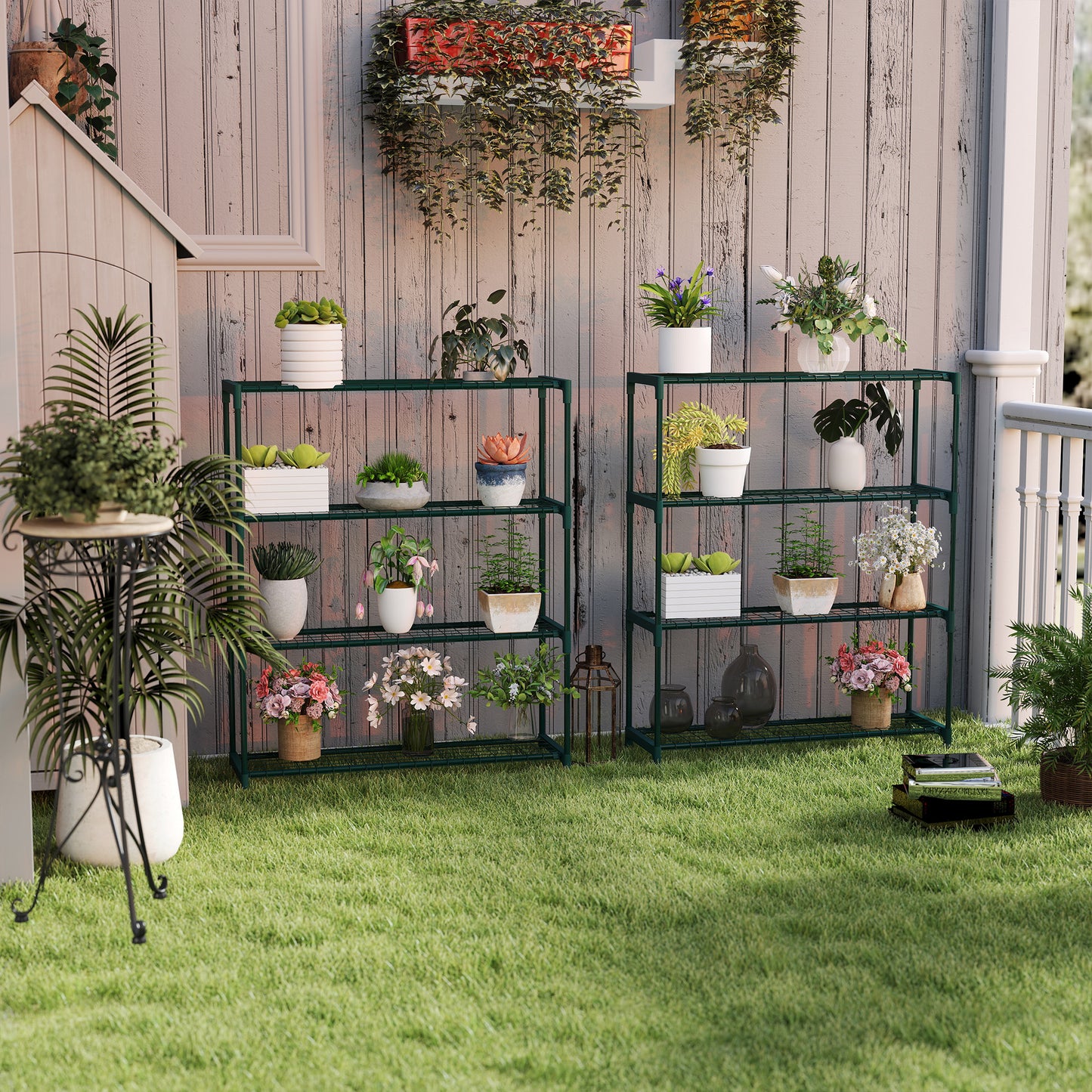 Outsunny Modern 4 Tier Plant Stand With Steel Frame Outdoor Garden Balcony Display Rack For Potted Plants Dark Green