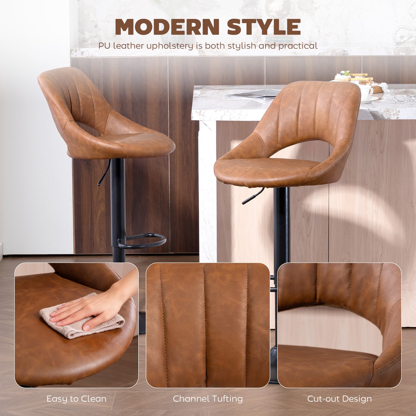 HOMCOM Set Of 2 Bar Stools With Backrest And Footrest PU Leather Swivel Kitchen Counter Stools Brown