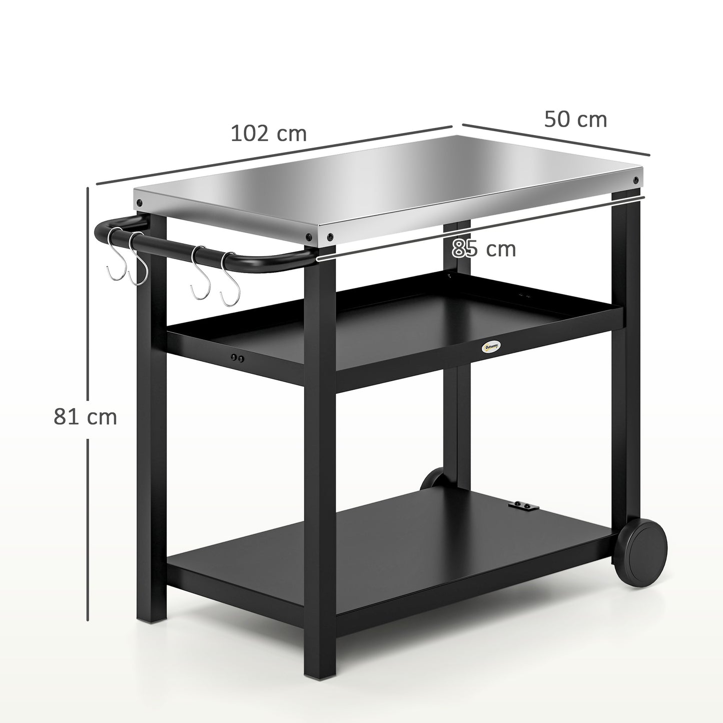 Outsunny Outdoor Grill Cart Three Shelf Movable Table With Stainless Steel Top Portable BBQ Trolley Charcoal Grey