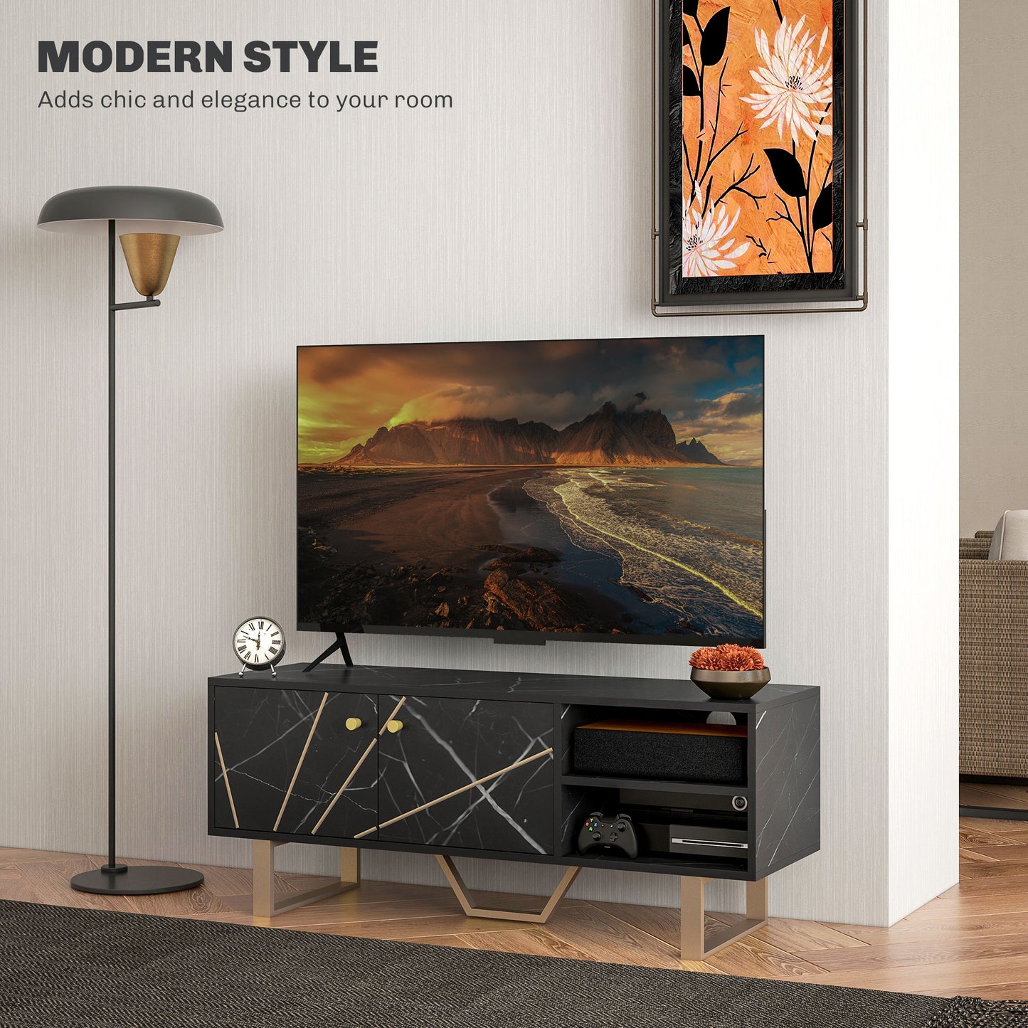 Modern Black Marble TV Stand with Storage for 50-Inch TVs, Versatile Living Room Unit - ALL4U RETAILER LTD