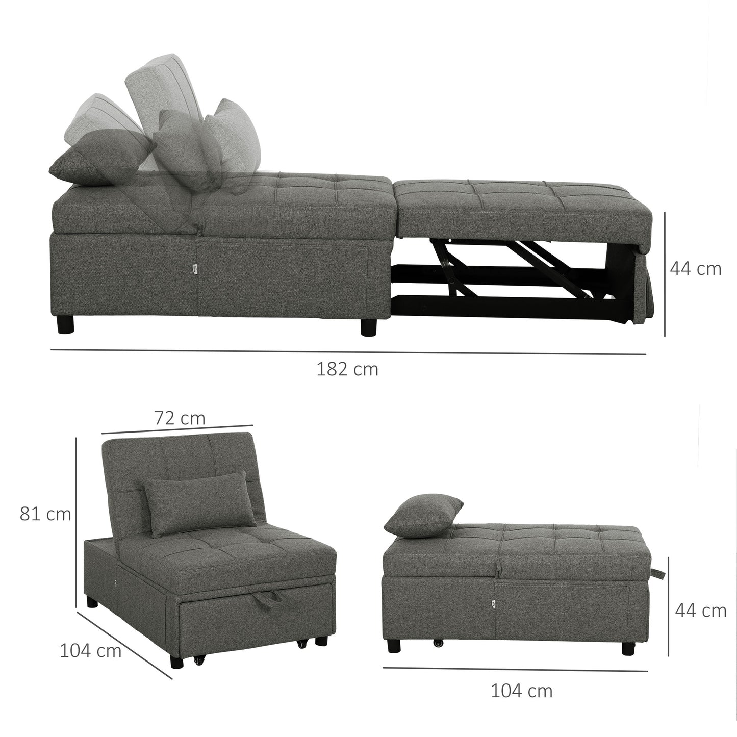 HOMCOM Four In One Sleeper Chair Bed With Recliner Chaise Lounge And Footrest 182cm Grey