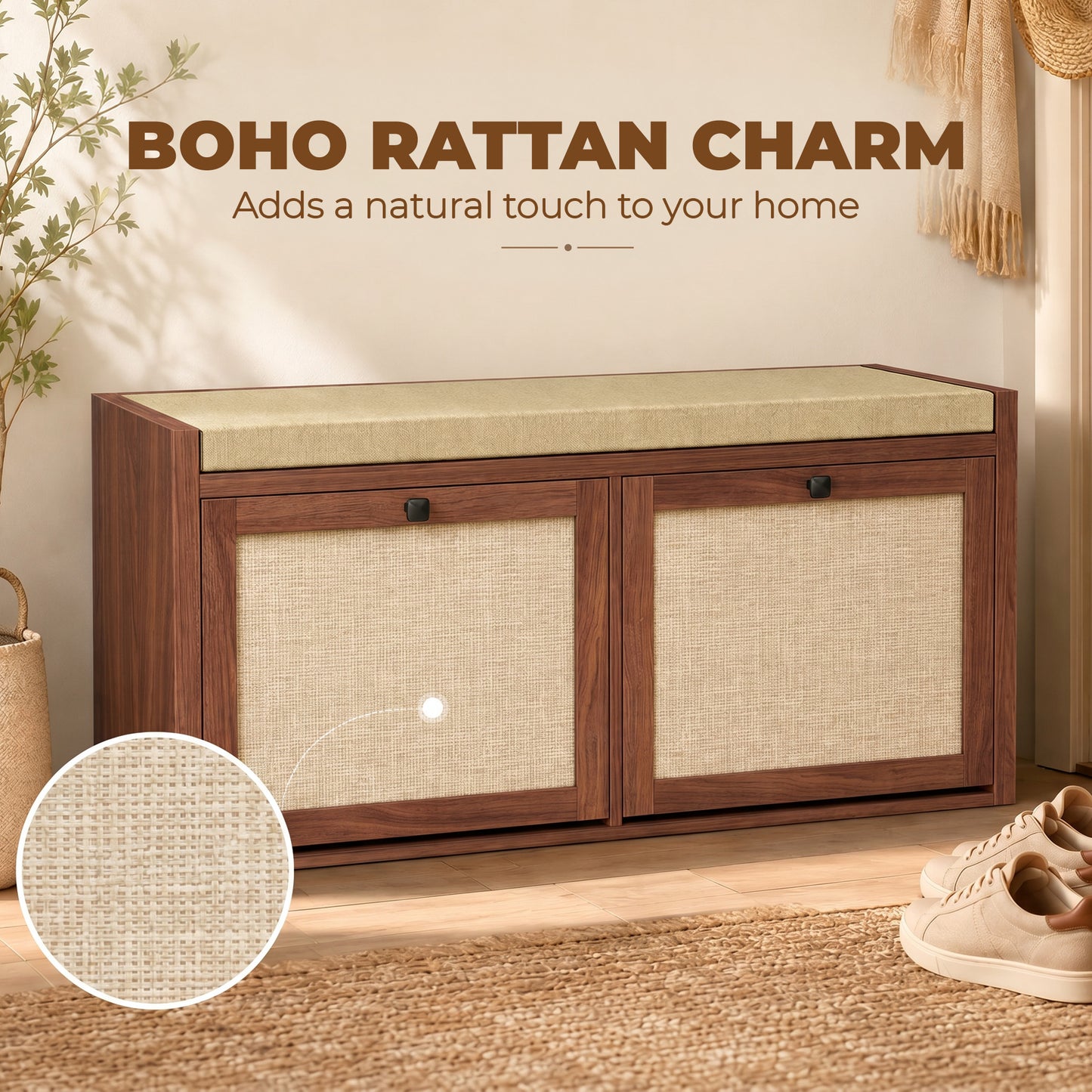 HOMCOM Rattan Shoe Bench With Padded Cushion And Hidden Storage Cabinets For Hallway Brown