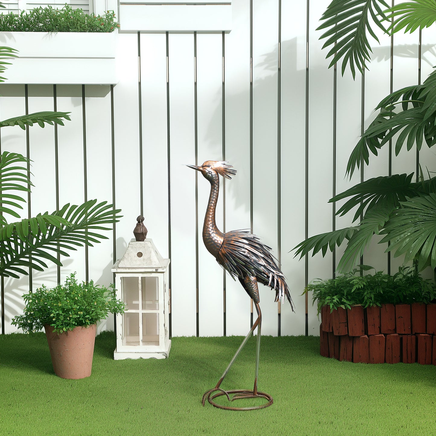 Outsunny Heron Garden Statue With Stakes Standing Metal Ornament For Patio Pond Landscape Decoration Silver Tone