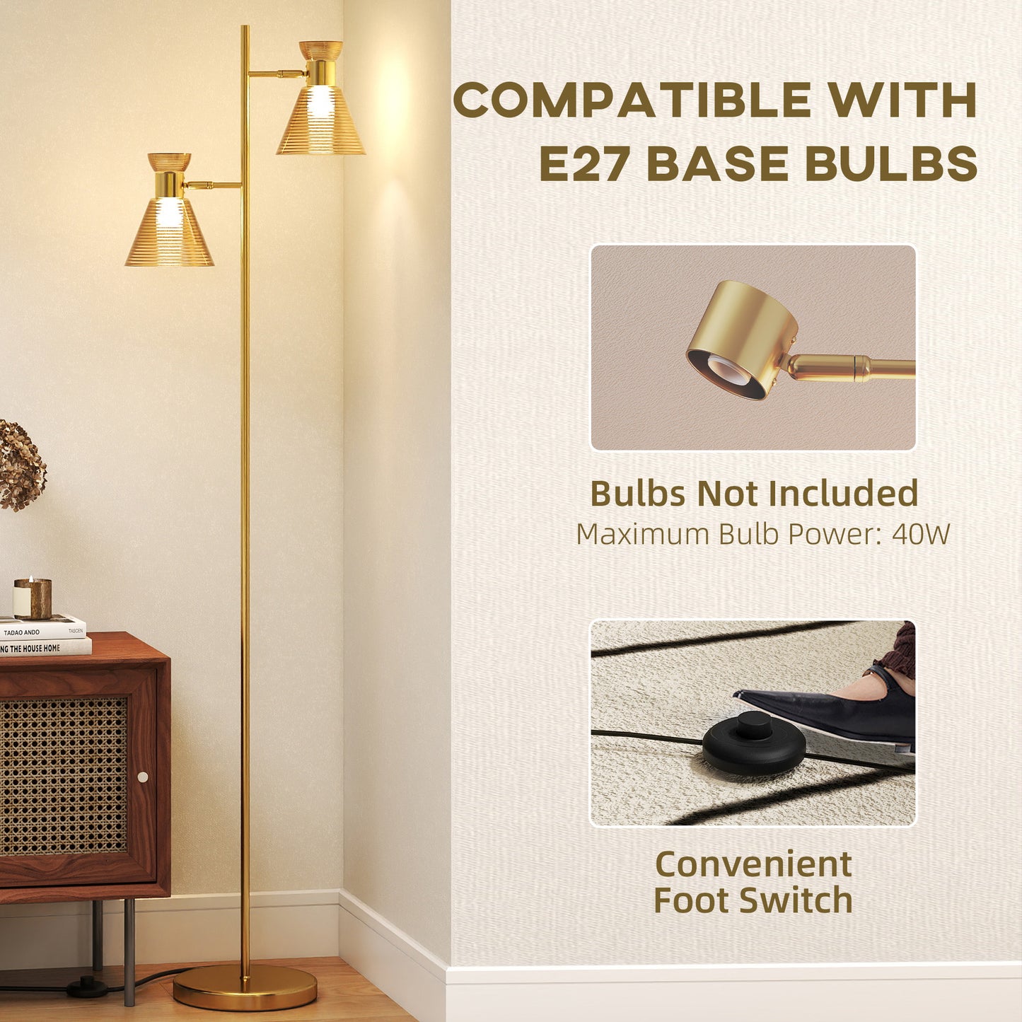HOMCOM Adjustable Dual Head Floor Lamp With Floral Glass Shades Gold Tone E27 Socket Foot Switch Living Room Bedroom