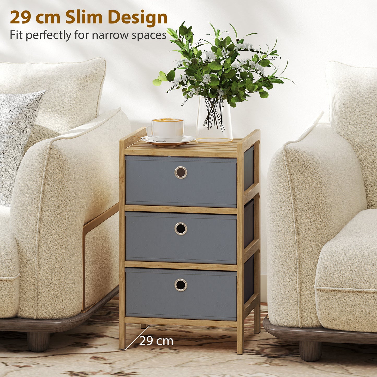HOMCOM Narrow Chest Of Drawers With Bamboo Frame And 3 Fabric Drawers In Light Grey