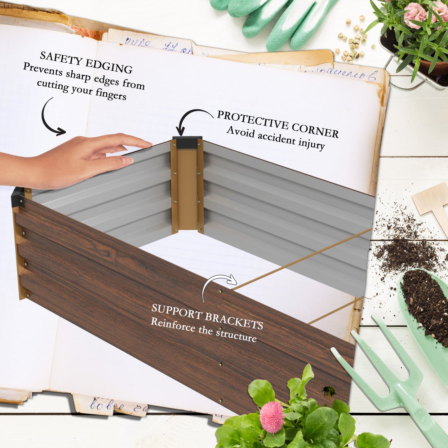 Outsunny 60 by 240cm Galvanised Steel Planter Open Bottom Brown Raised Garden Bed