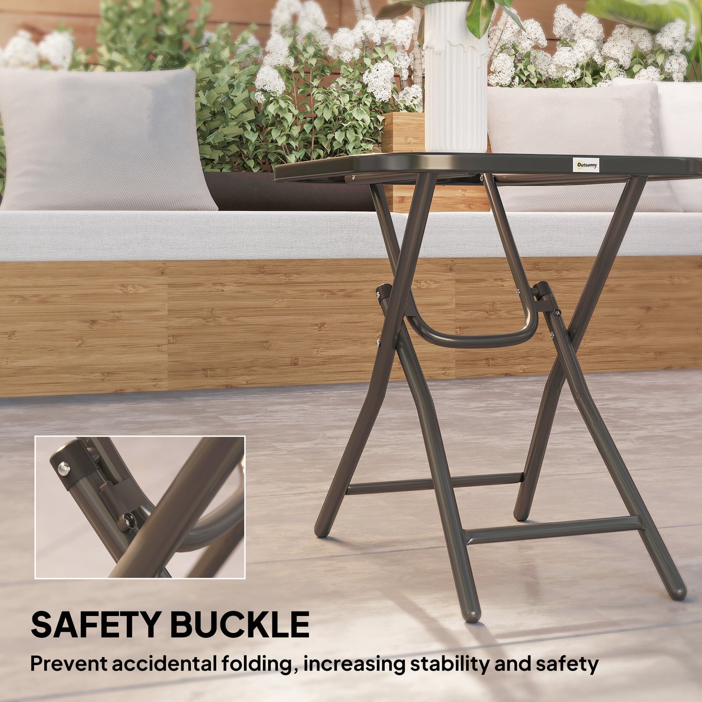 Outsunny Foldable Garden Table Square 45x45 cm With Ripple Glass Top Black 50 cm High Patio Balcony Coffee Table
