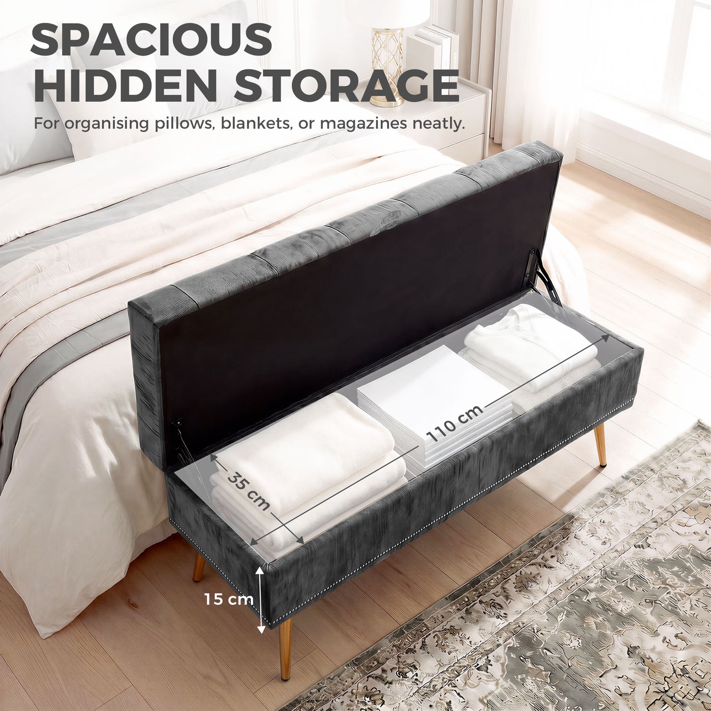 HOMCOM Chenille Upholstered Storage Ottoman With Hidden Storage Padded Seat Metal Legs Grey