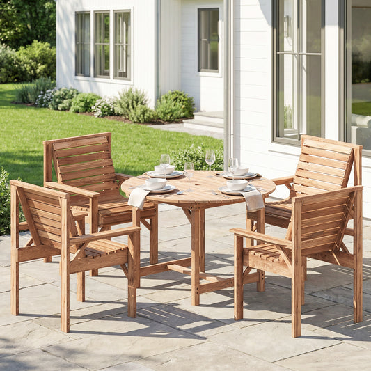 Outsunny 5 Piece Garden Dining Set With Parasol Hole Round Outdoor Table And Chairs 4 Seater Wooden Furniture Natural