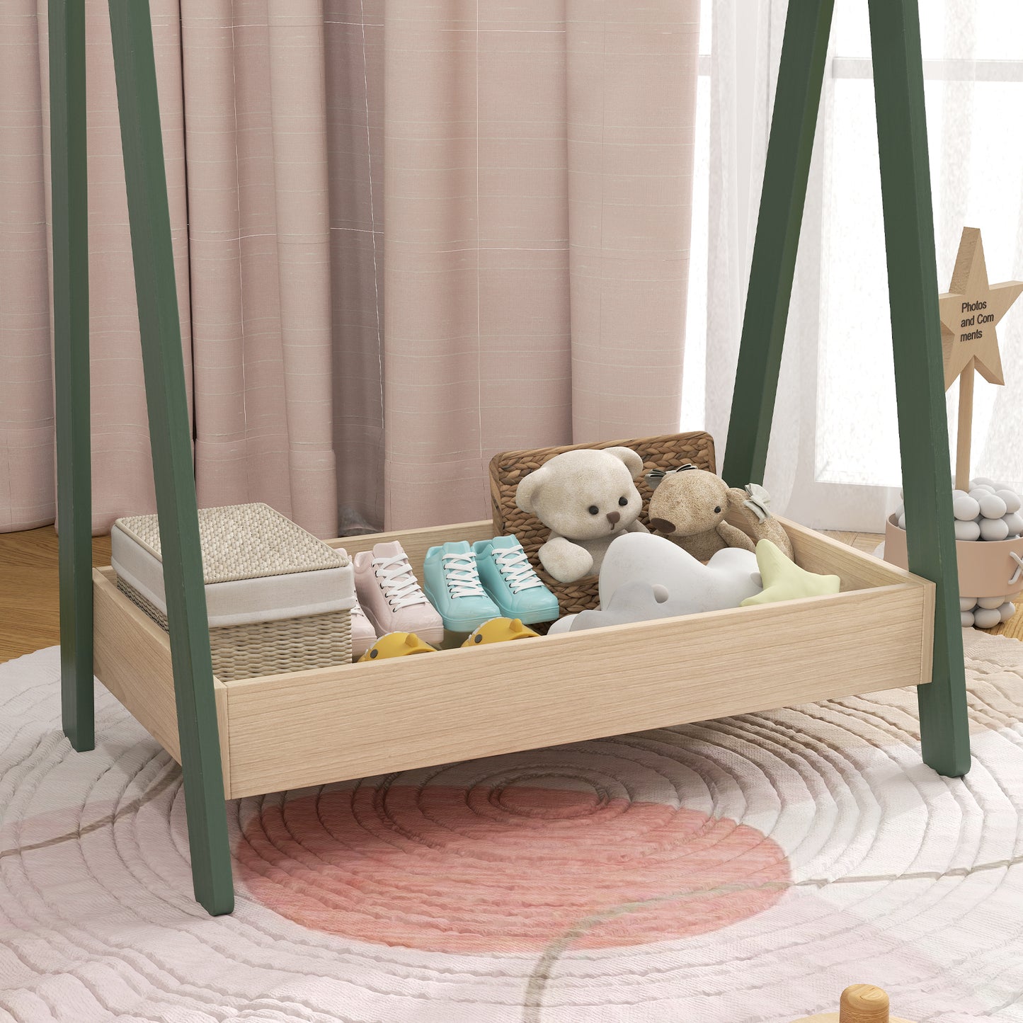 AIYAPLAY Kids Clothes Rail With Three Hangers And Bottom Storage Shelf For Girls And Boys Nursery Bedroom Green