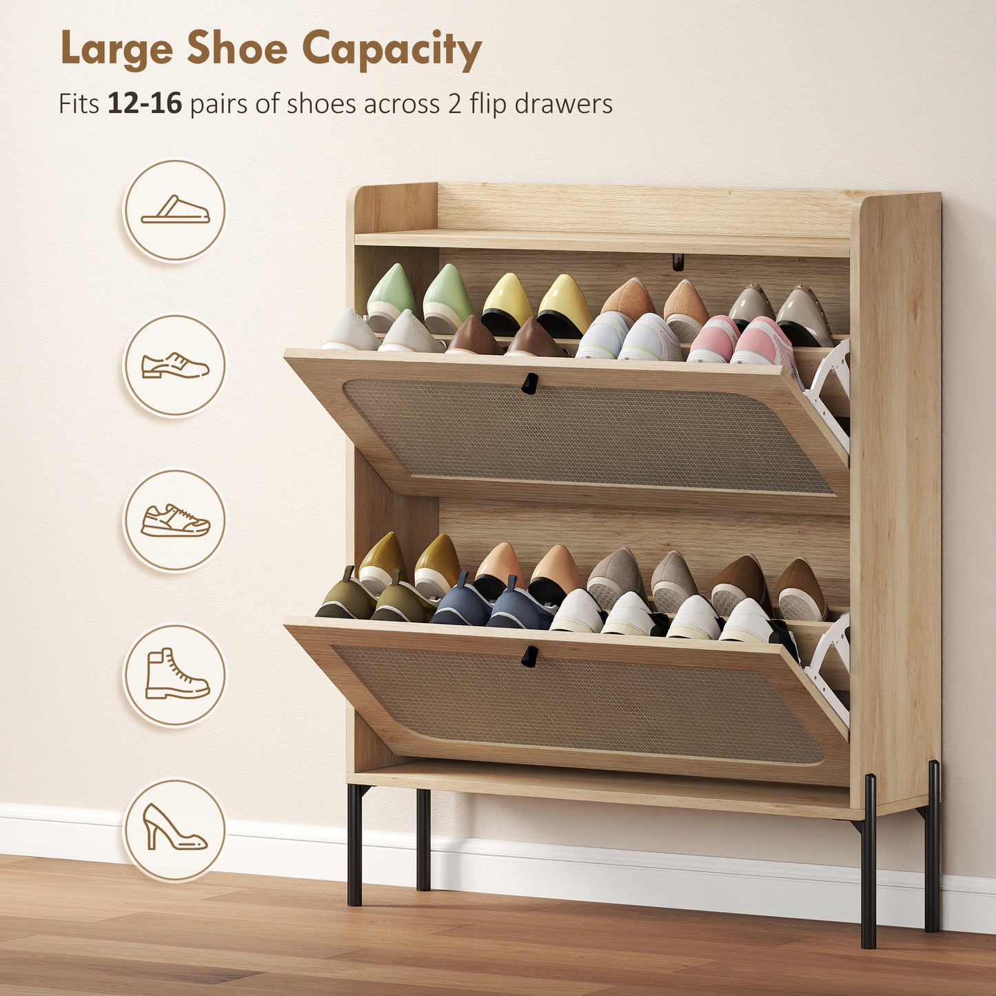 HOMCOM Shoe Cabinet With 2 Flip Drawers For Narrow Spaces Boho Oak Finish 12 To 16 Pairs Storage
