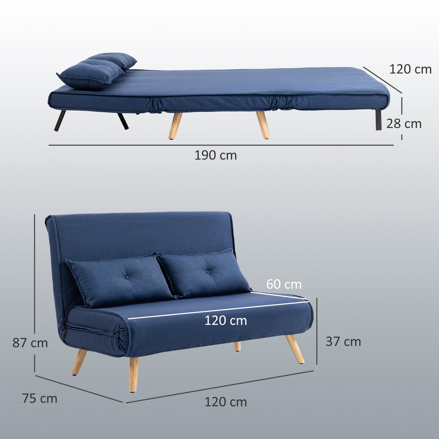 HOMCOM Two Seater Linen Look Sofa Bed Dark Blue With Click Clack Mechanism For Day And Night Comfort