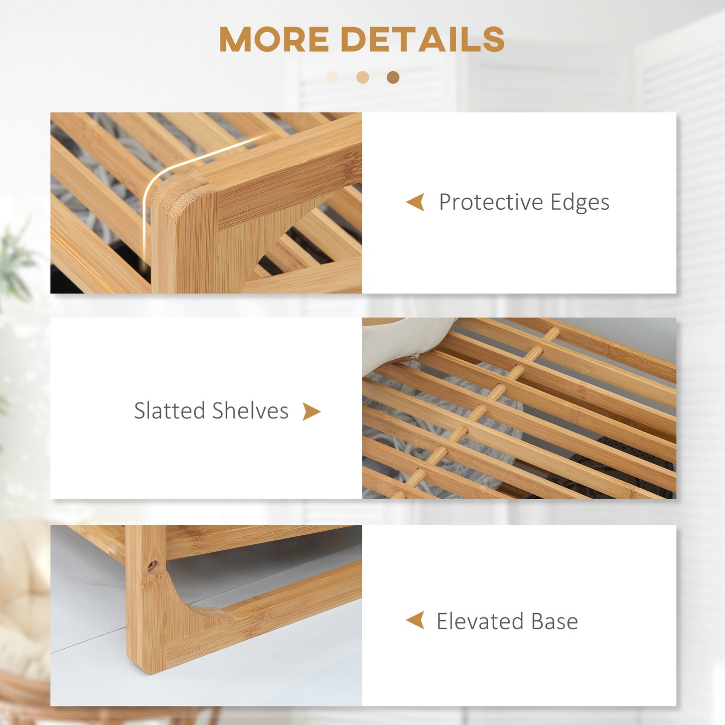 HOMCOM Three Tier Bamboo Shoe Rack With Slatted Shelves Free Standing Organizer For Nine Pairs Of Shoes Natural
