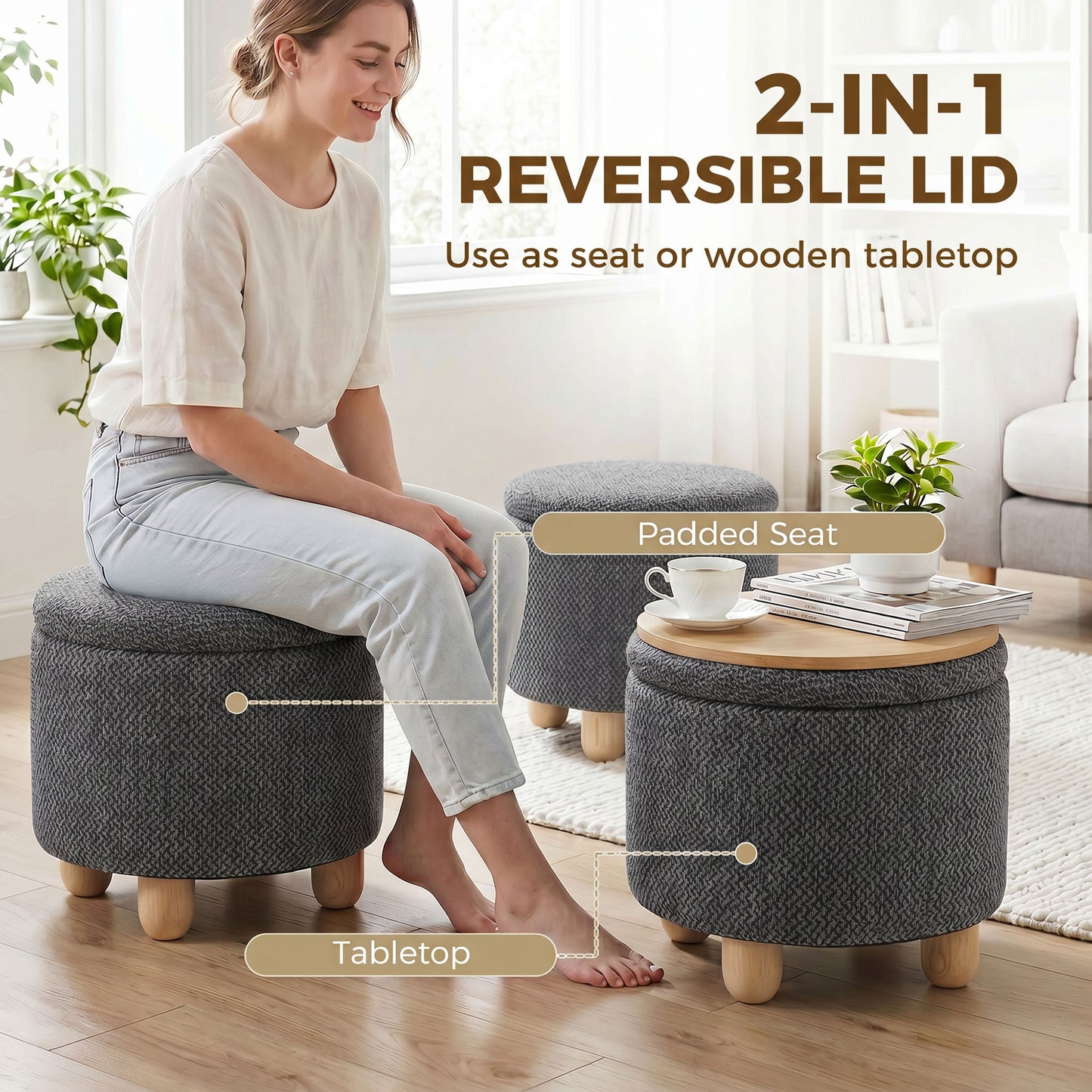 HOMCOM Round Storage Ottoman Bench With Lid And Rubberwood Legs For Living Room Dark Grey