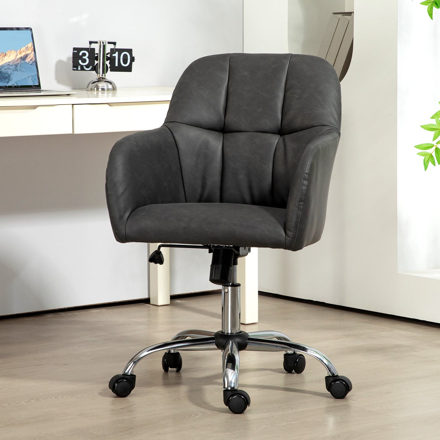 Vinsetto Elegant Grey PU Leather Swivel Office Chair with Adjustable Height and Wheels for Home Study and Makeup Vanity