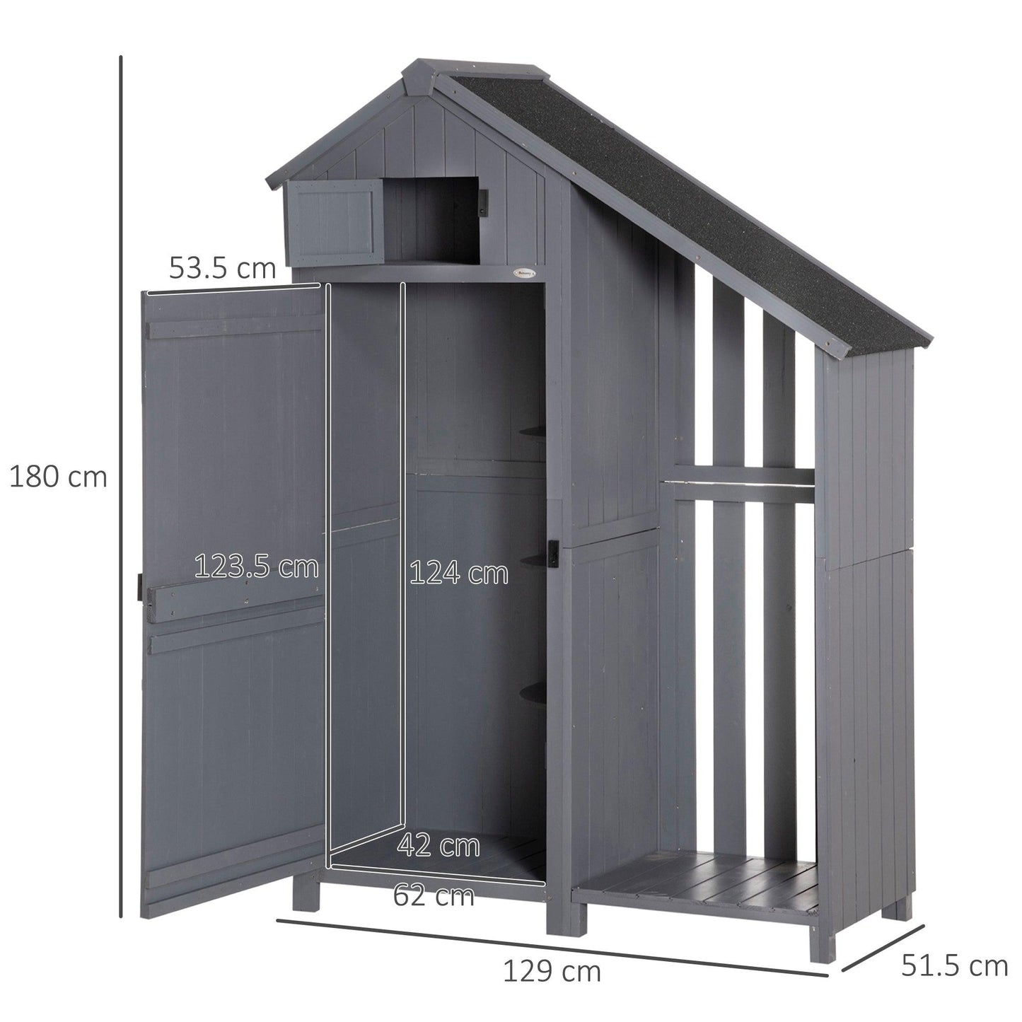 HOMCOM Garden Outdoor Wooden Tool Storage Shed With 3 Shelves, Firewood Rack, Grey - ALL4U RETAILER LTD