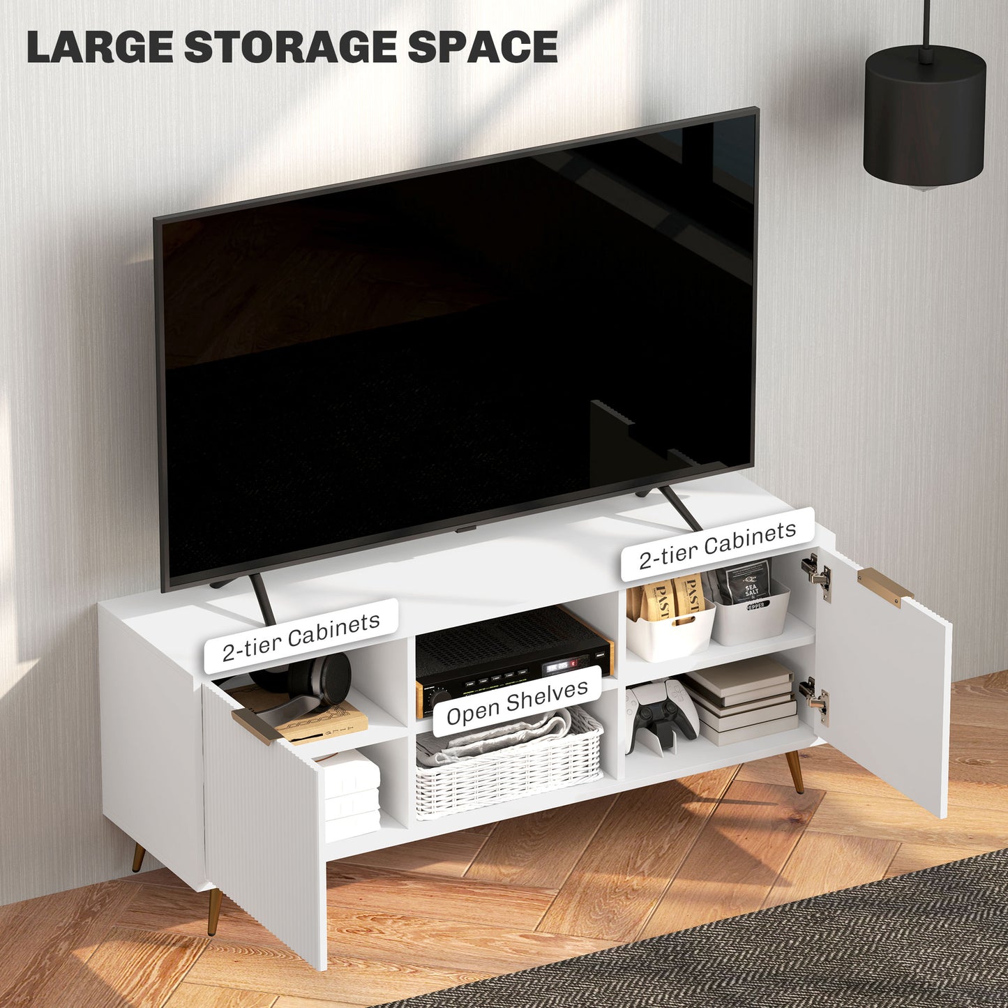 HOMCOM Modern TV Stand For 55 Inch TVs White Entertainment Center With 2 Cabinets Open Shelves Cable Management