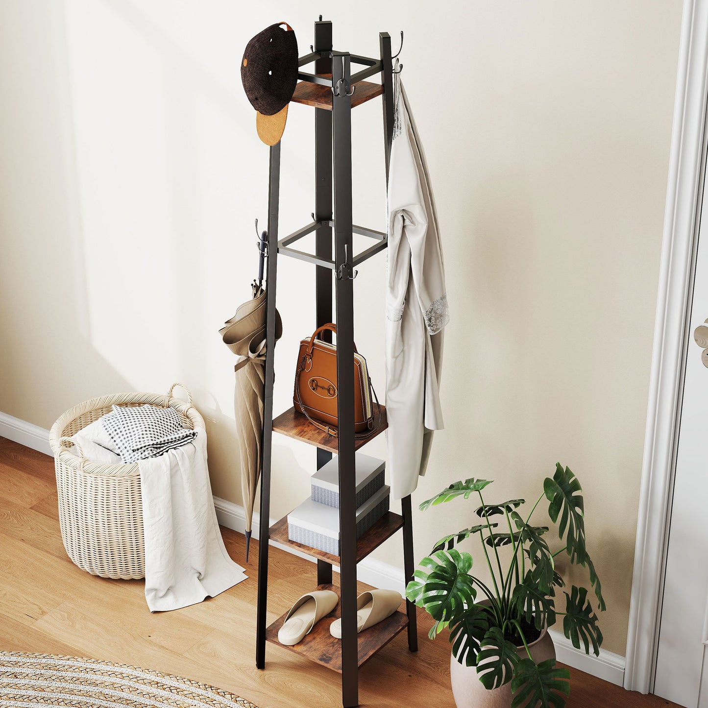 HOMCOM Industrial Style Four Shelf Coat Stand with Eight Hooks for Entryway Organization Brown and Black