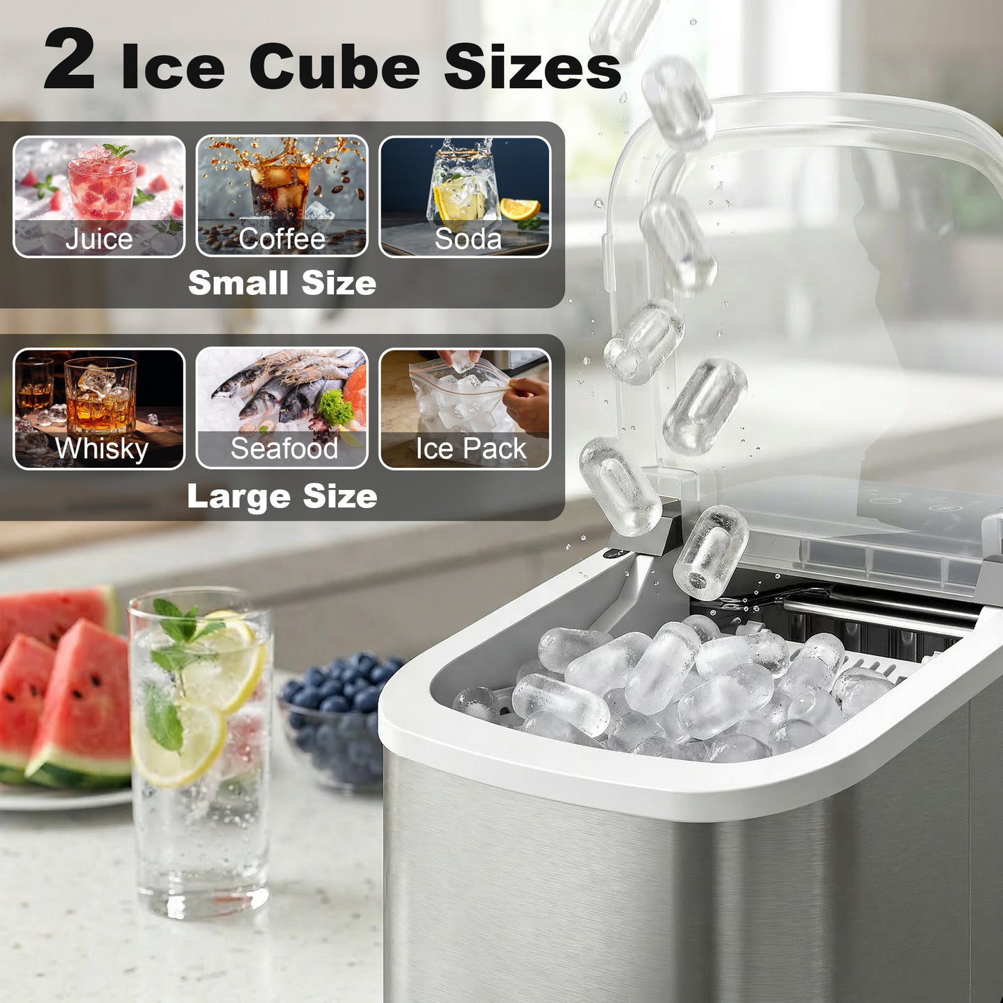 HOMCOM Ice Maker Countertop 9 Cubes in 7 Min 12 Kg per 24 Hours Self Cleaning Portable Handle Scoop Basket Two Ice Sizes