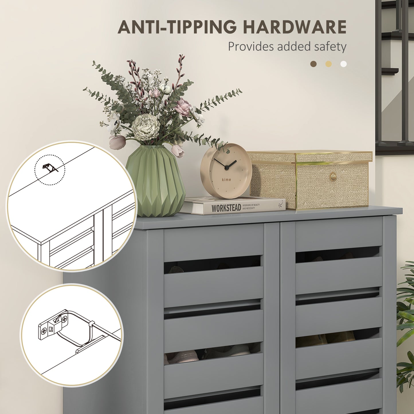 HOMCOM Narrow Shoe Cabinet for Entryway Five Tier Slim Shoe Storage with Two Slatted Doors and Adjustable Shelves Grey