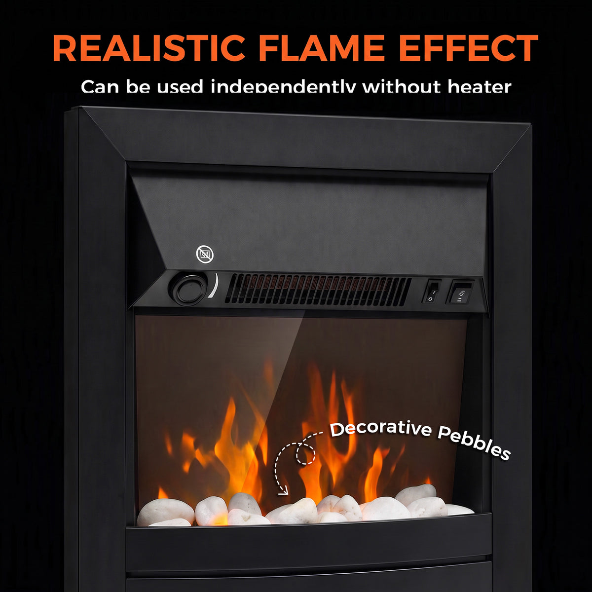 Close-up of black electric fireplace interior with LED flame effect and white decorative pebbles