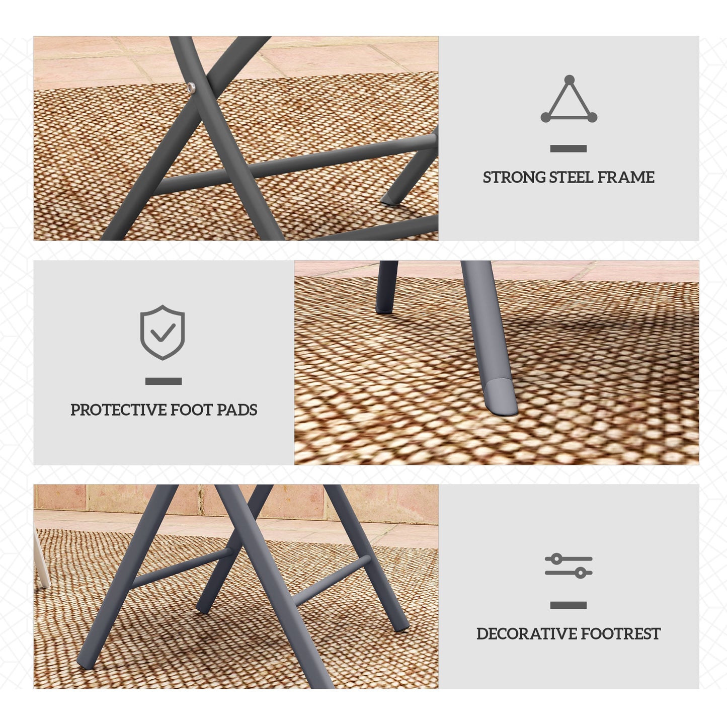 Outsunny 3 Piece Outdoor Bistro Set Glass Top Table and Two Folding Chairs with Protective Feet Grey
