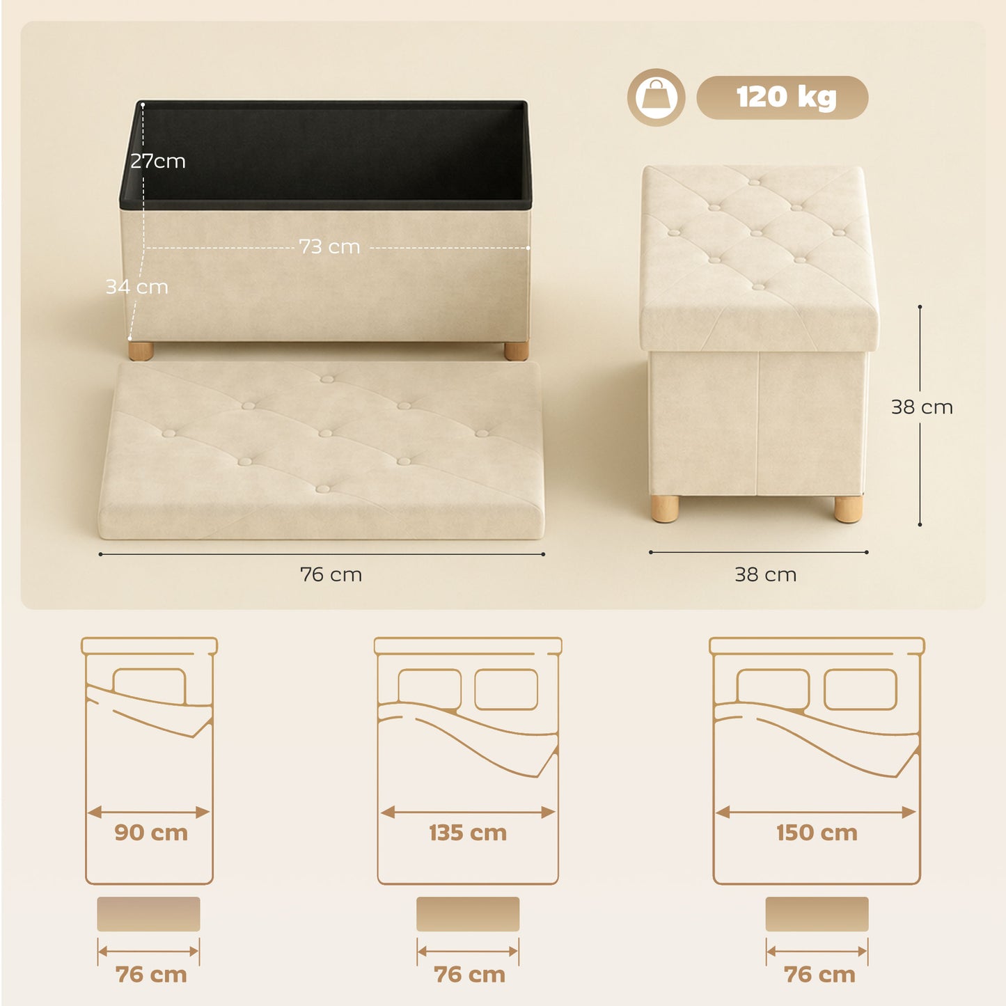 HOMCOM Velvet Upholstered Foldable Ottoman Footrest With Storage Bench Wood Legs Cream White Living Room