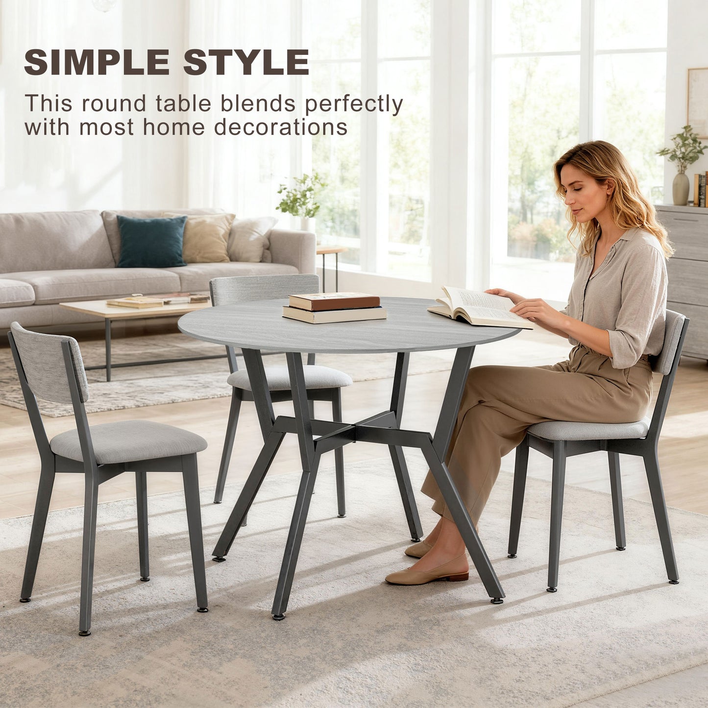 HOMCOM Round Dining Table 90 x 76 cm Grey with Black Metal Legs Anti Slip Foot Pads for Living Room and Dining Room