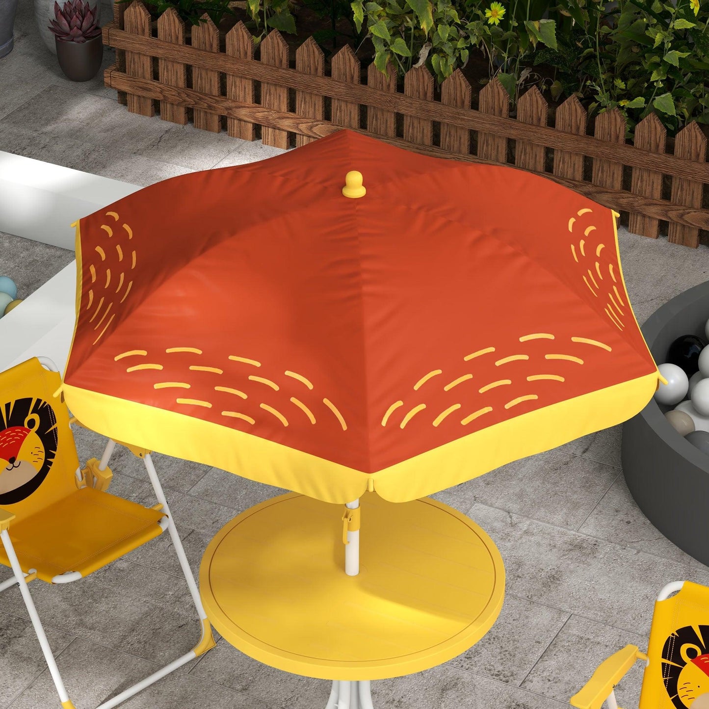 Outsunny Kids Picnic Table and Chair Set Lion Themed Outdoor Garden Furniture w/ Foldable Chairs, Adjustable Parasol - Yellow - ALL4U RETAILER LTD